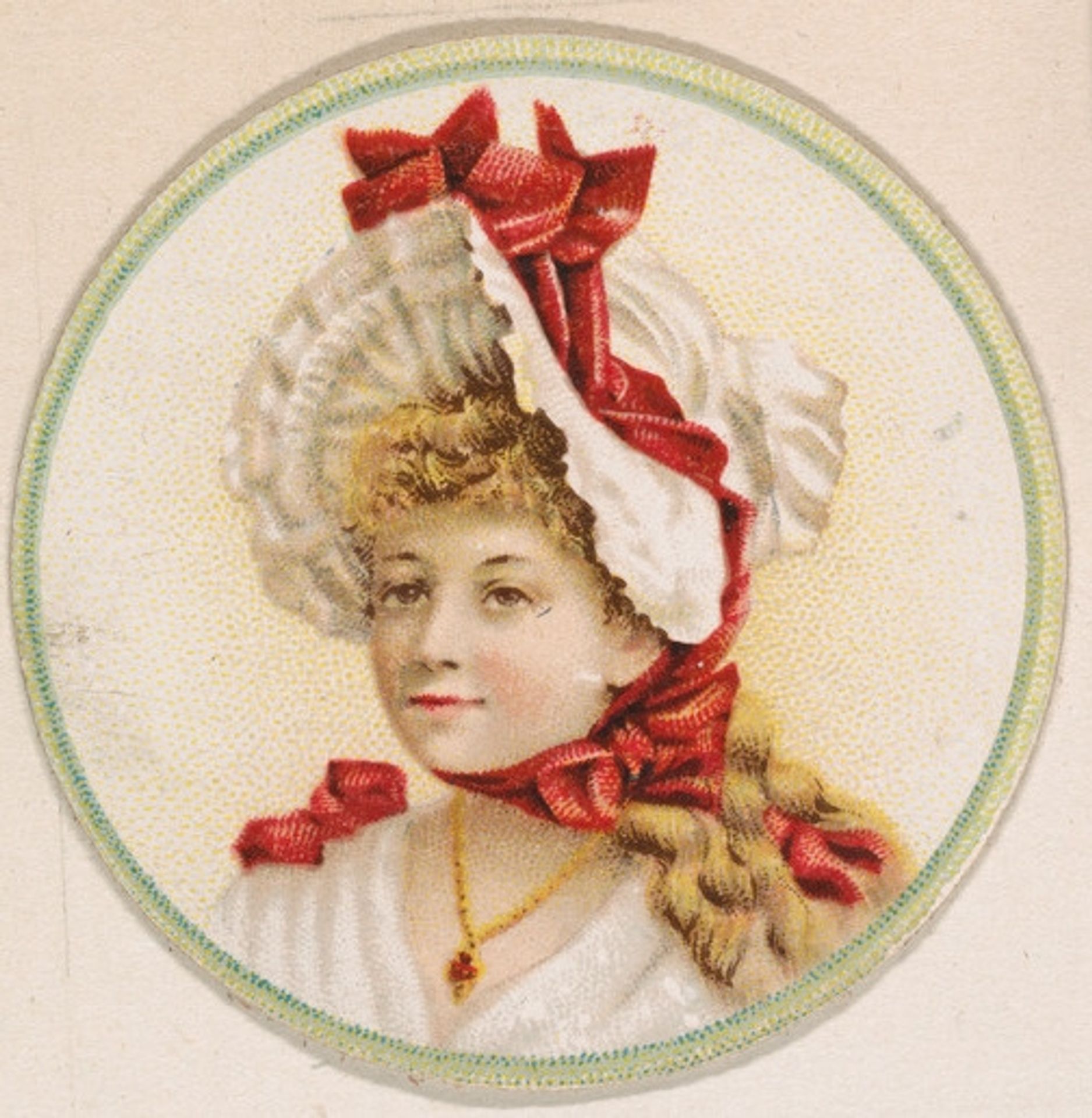 Woman wearing hat with ribbons, from the Novelties series (N228, Type 2) issued by Kinney Bros. by Kinney Brothers Tobacco Company
