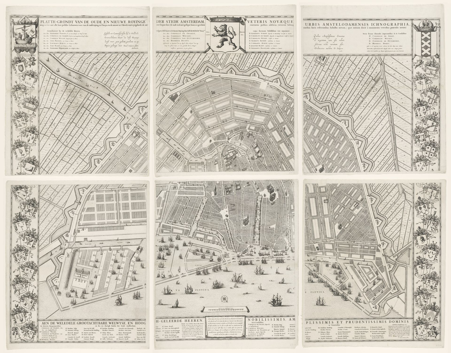 Plattegrond van Amsterdam met ontwerp en uitvoering van de Vierde Uitleg, bestaande uit zes delen by Julius Mülhüssen