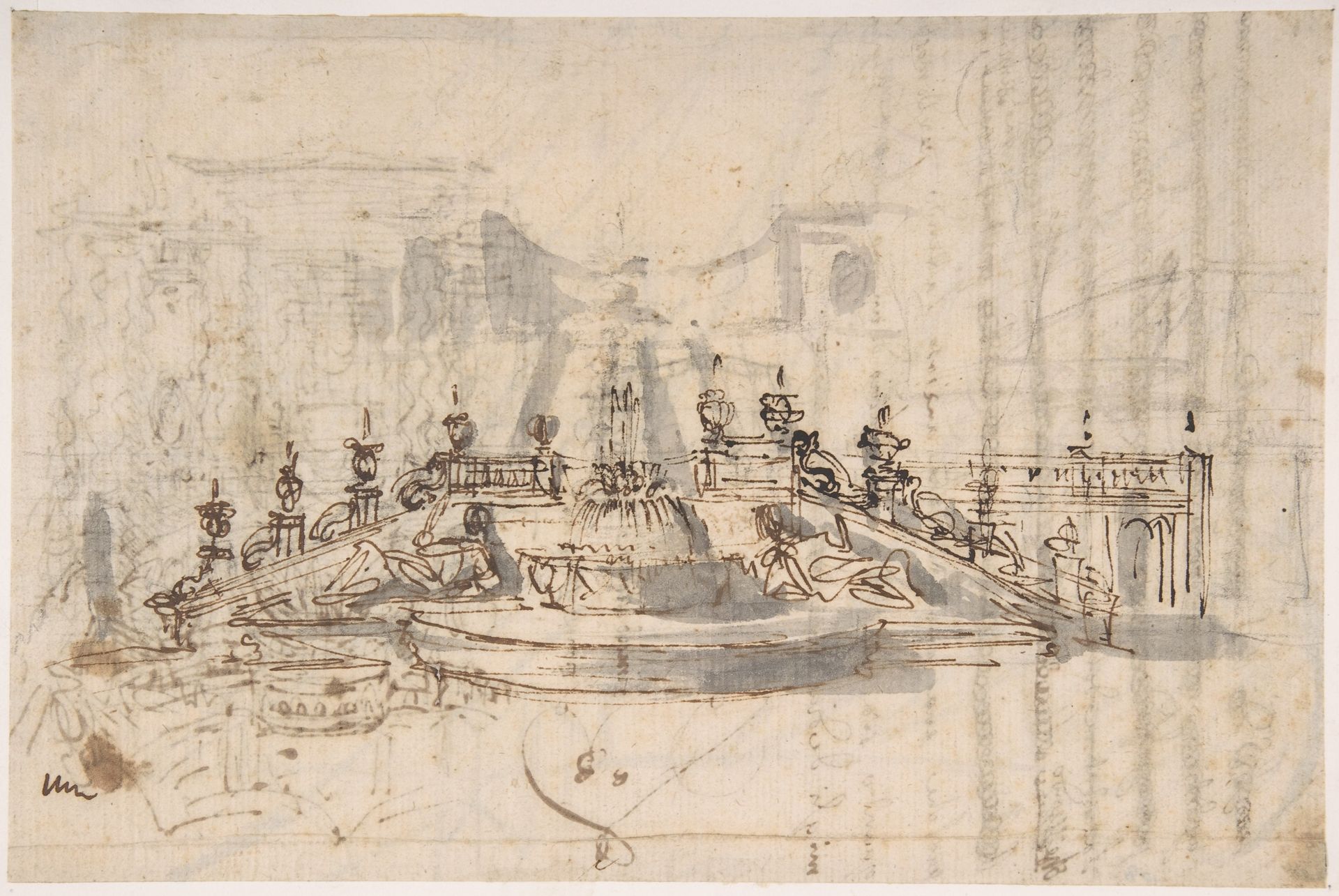 Manuscript page with a Project for a Fountain (recto) and Project and Plan for a Monumental Staircase (verso) by Luigi Vanvitelli