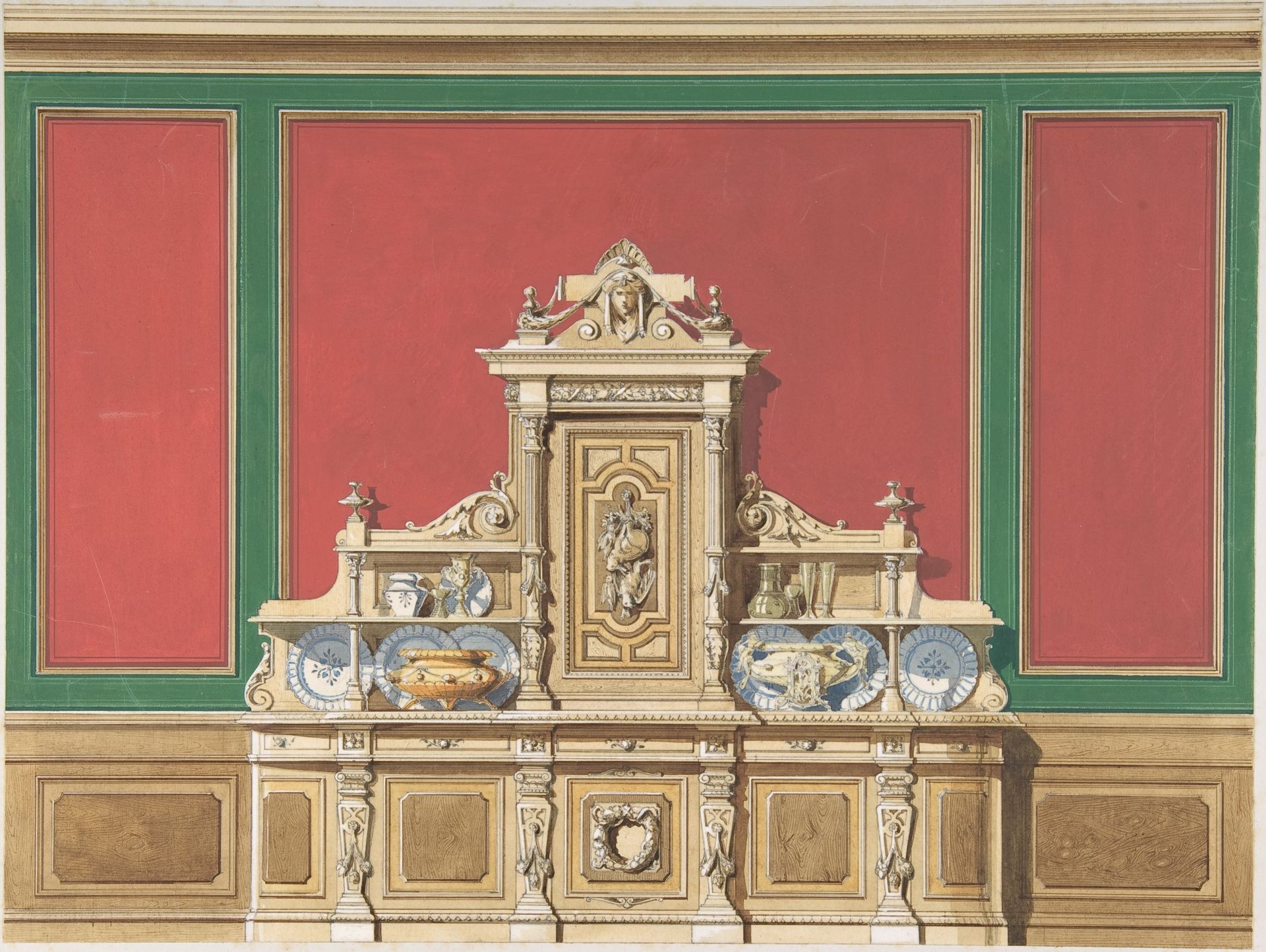 Interior Design for Large Display Cabinet against Red and Green Panelling by Anonymous