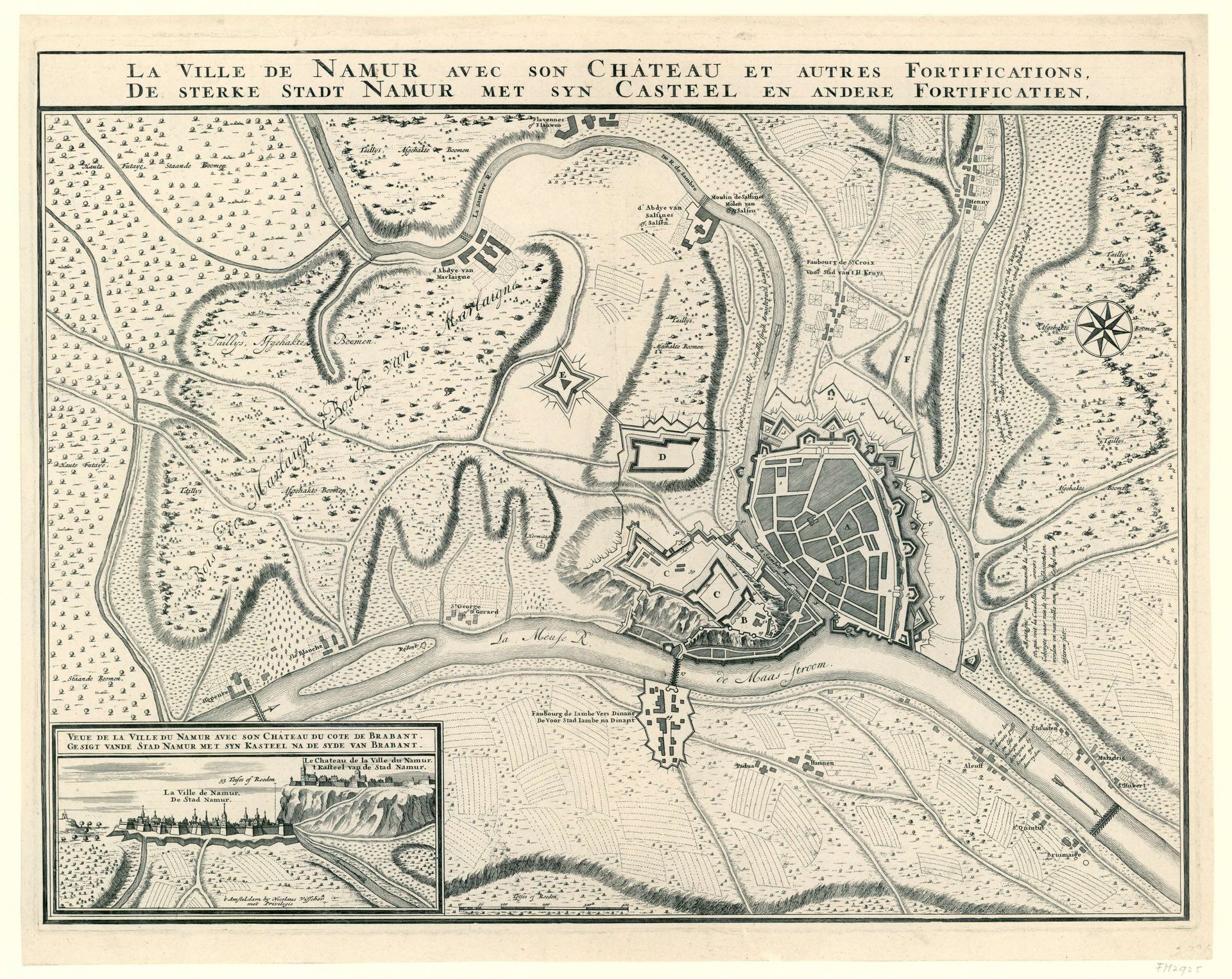 Kaart van de stad Namen met het kasteel, belegerd door de geallieerden, 1695 by Anonymous