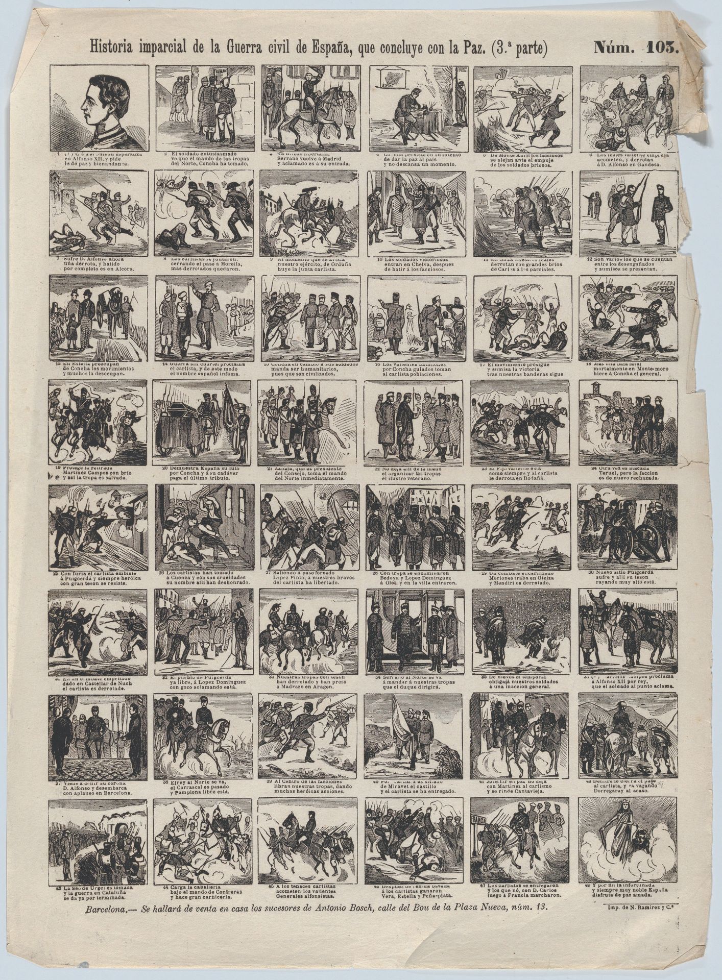 Broadside with 48 scenes telling the 'impartial' story of the civil war in Spain (Part 3) by Antonio Bosch