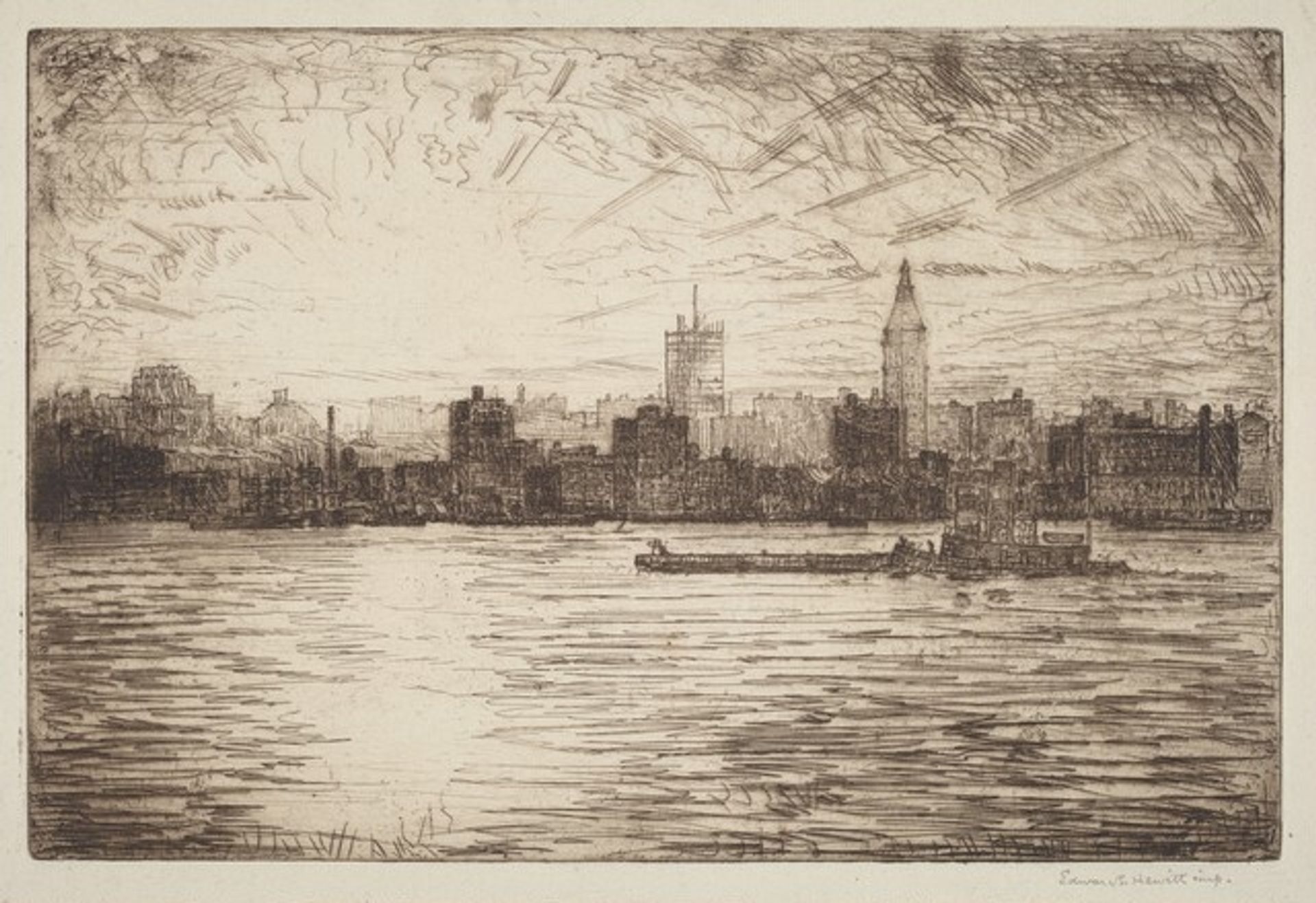 East River Sunset - Building the Empire  State Tower by Edward Shepard Hewitt