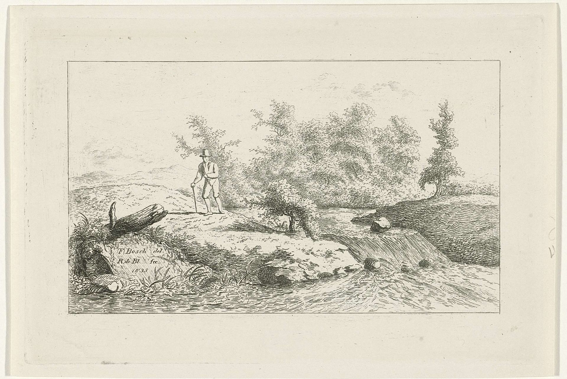 Man bij een waterval by Reinierus Albertus Ludovicus baron van Isendoorn à Blois