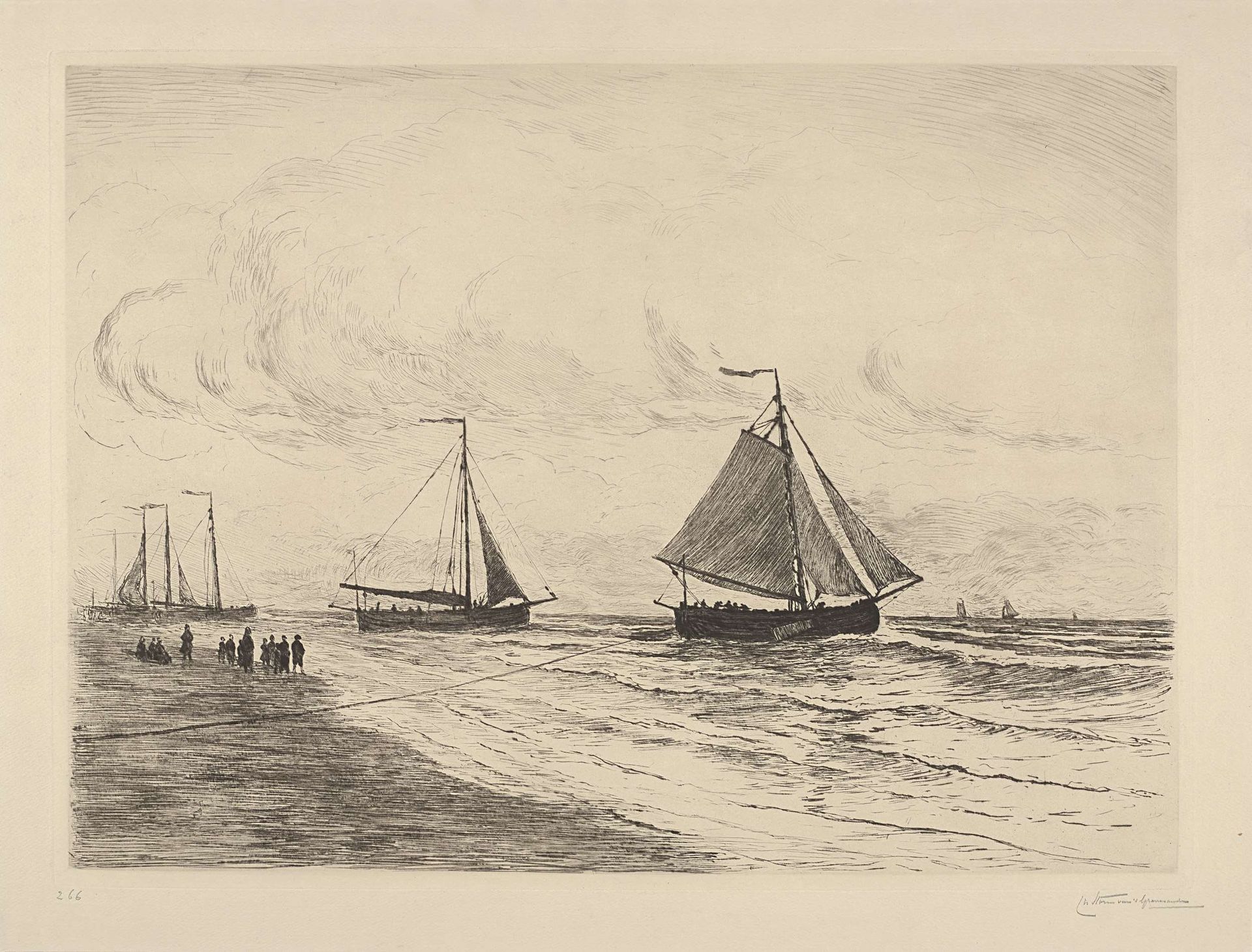 Vertrek van bomschuiten bij het strand van Katwijk by Carel Nicolaas Storm van 's-Gravesande
