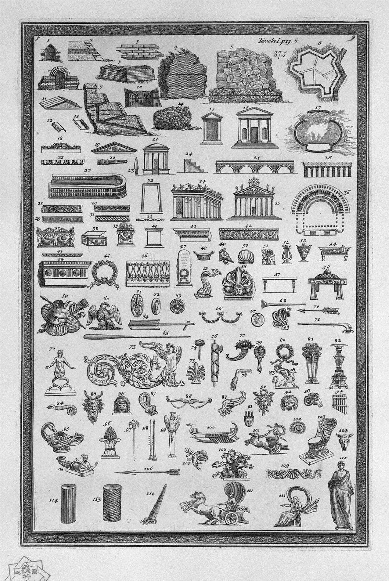 Etruscan monuments of various kinds relating to sacred uses, public, private, war, and ornaments used in the aforementioned sights (115 small incisions) by Giovanni Battista Piranesi