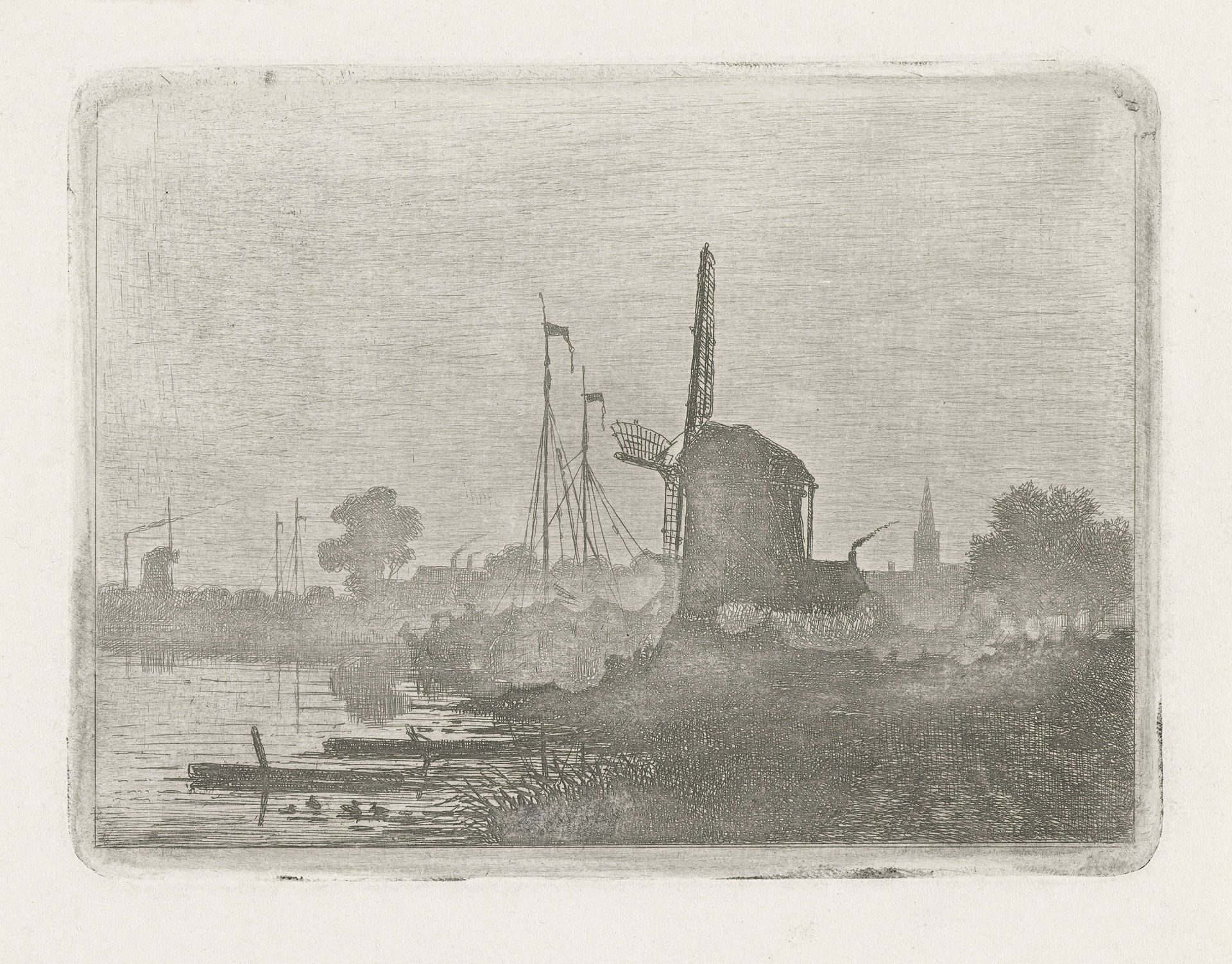 Gezicht op een molen aan het water by Jan van Lokhorst