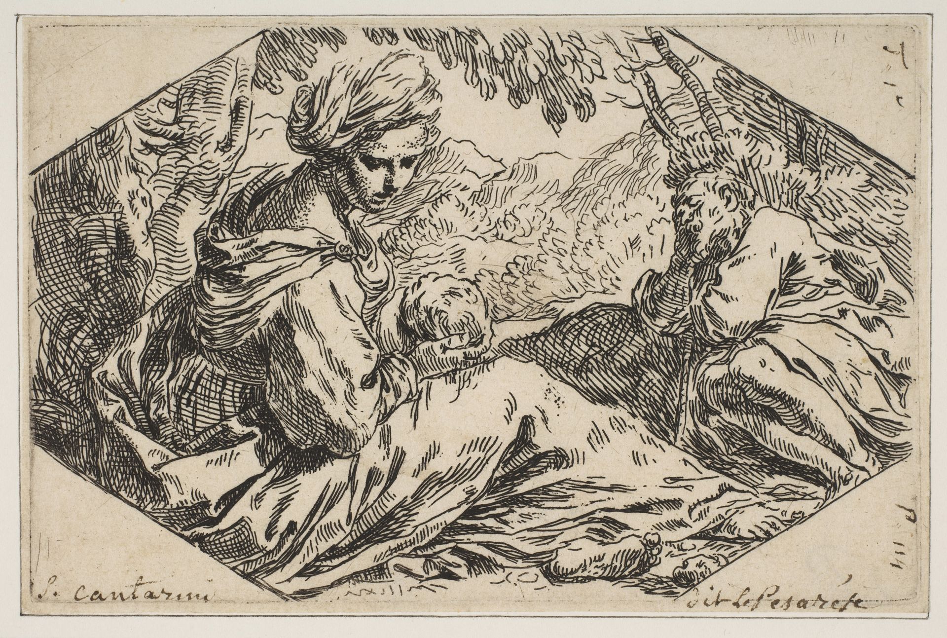Repose in Egypt, Mary holding and looking at the infant Christ while St. Joseph sleeps by Simone Cantarini