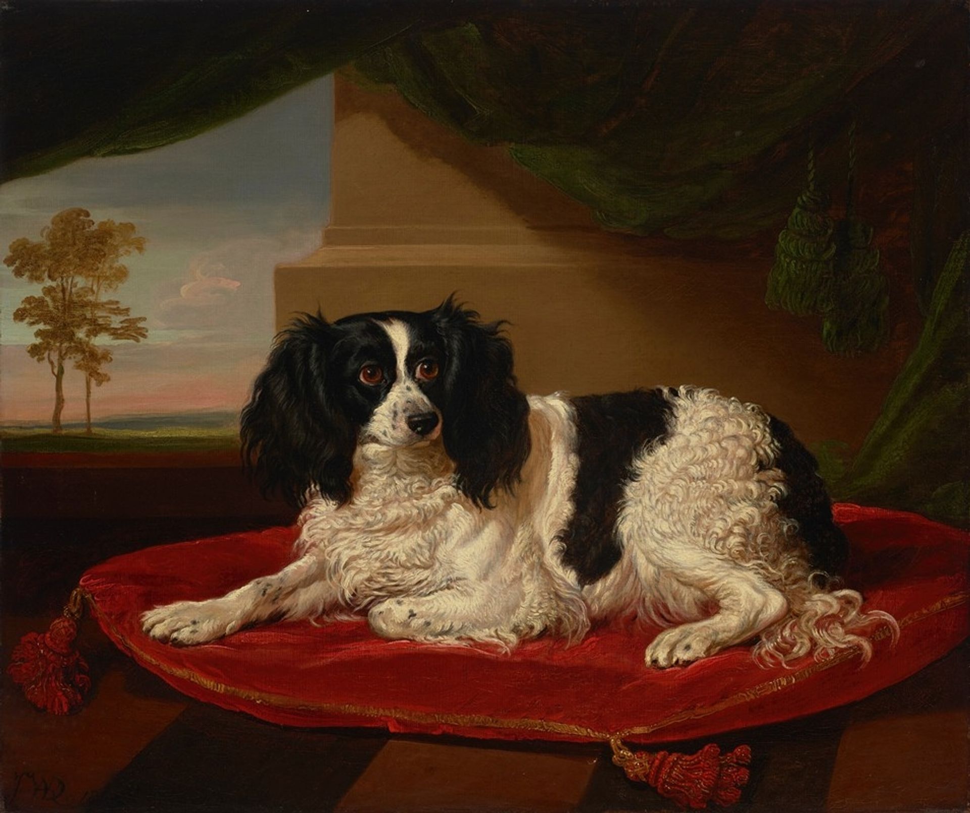 A King Charles Spaniel on a red cushion by James Ward