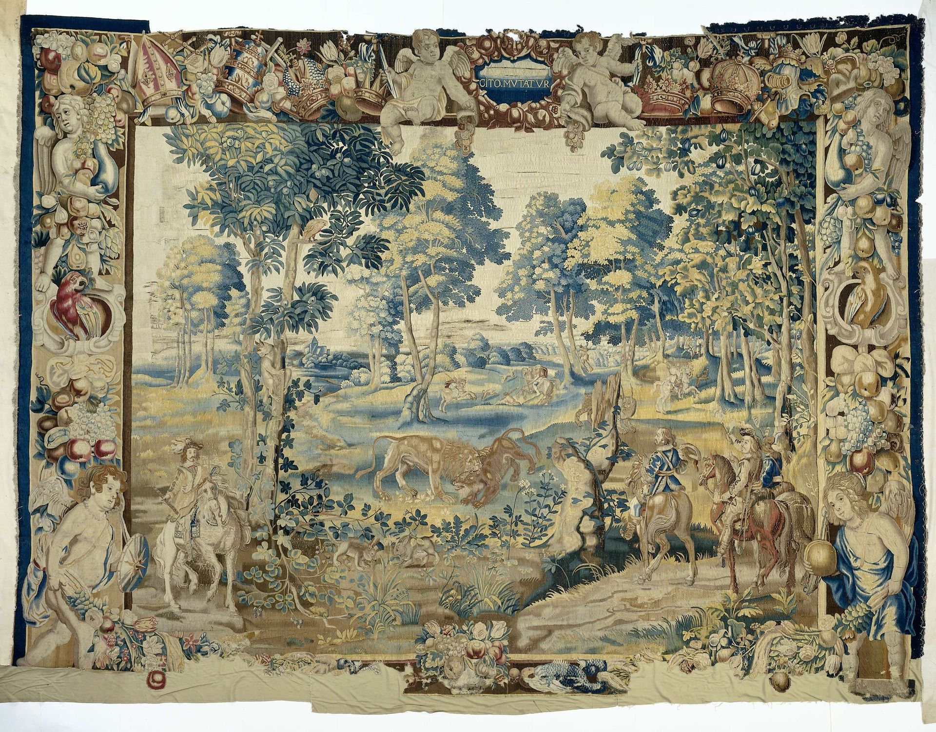 Landschapsverdure met leeuwen en jachtscènes by Erasmus Oorlofs