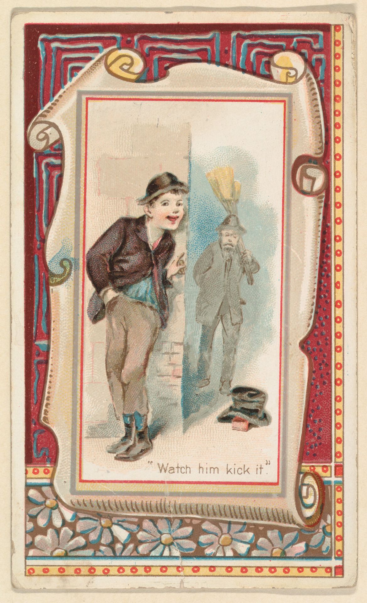 "Watch him kick it," from the Terrors of America set (N136) issued by Duke Sons & Co. to promote Honest Long Cut Tobacco by W. Duke, Sons & Co.