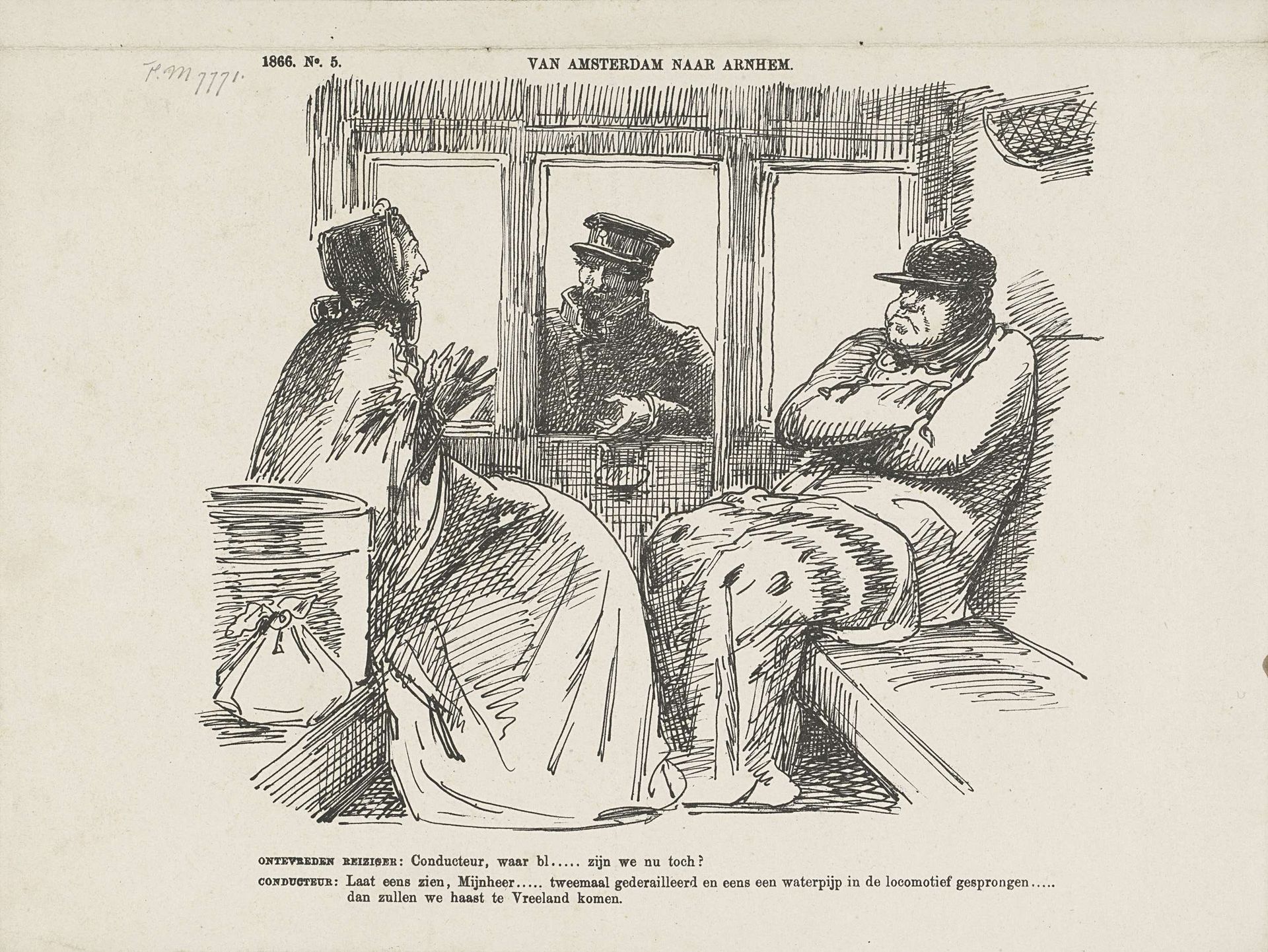 Spotprent op de vele ongelukken op de Rhijnspoorweg, 1866 by Johan Michaël Schmidt Crans