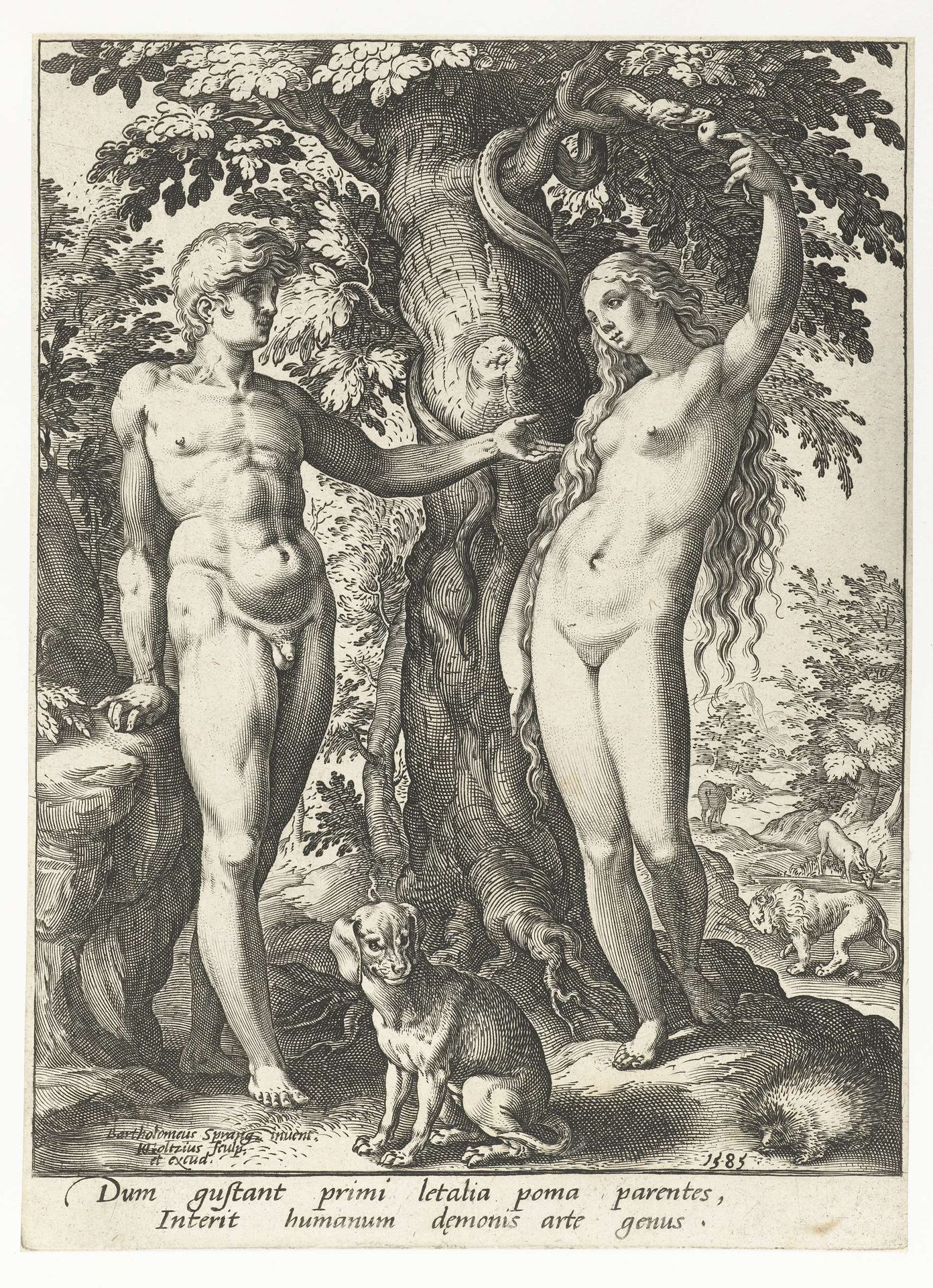 Adam en Eva en de slang by Hendrick Goltzius