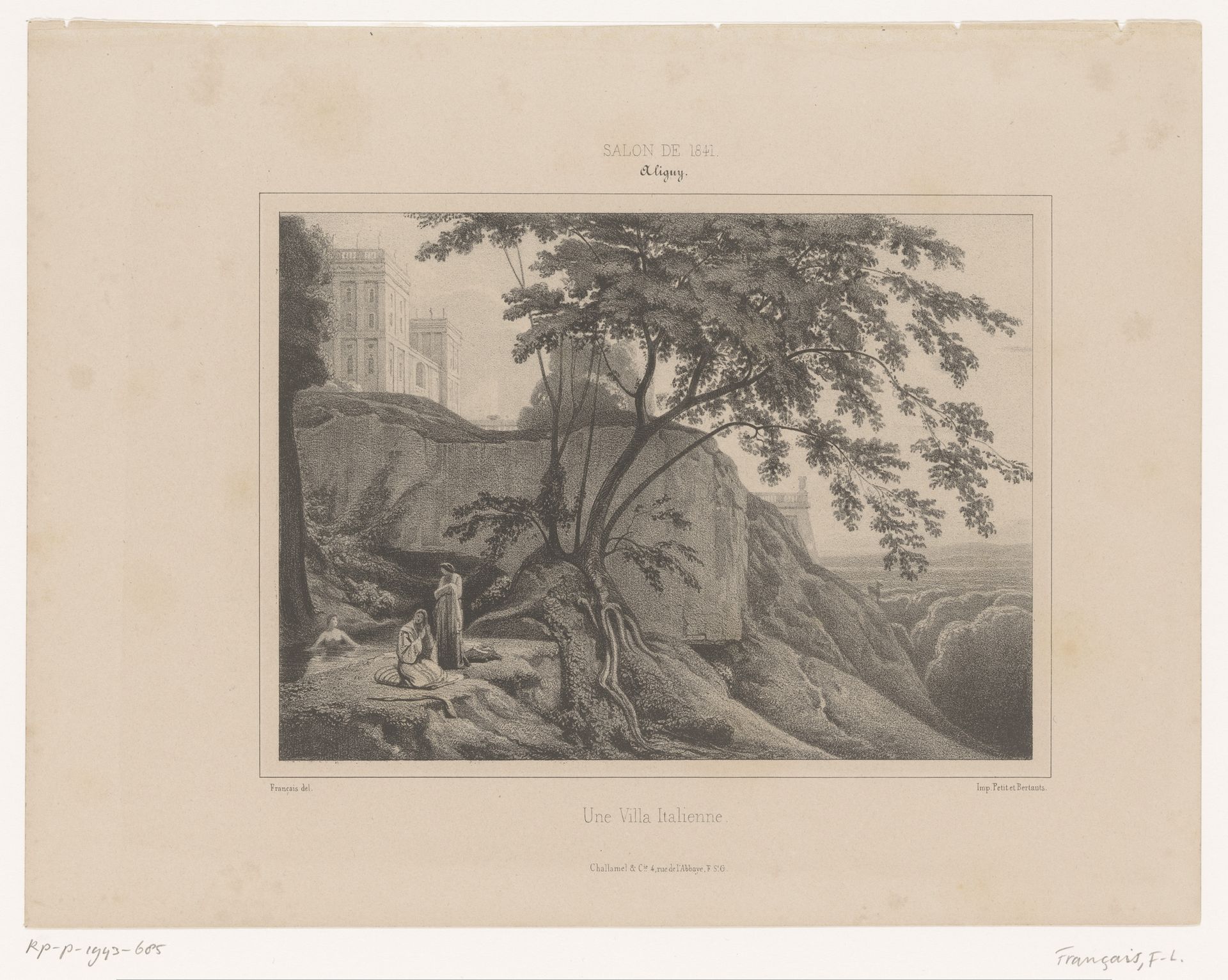 Italiaans landschap met villa en drie badende vrouwen by François-Louis Français