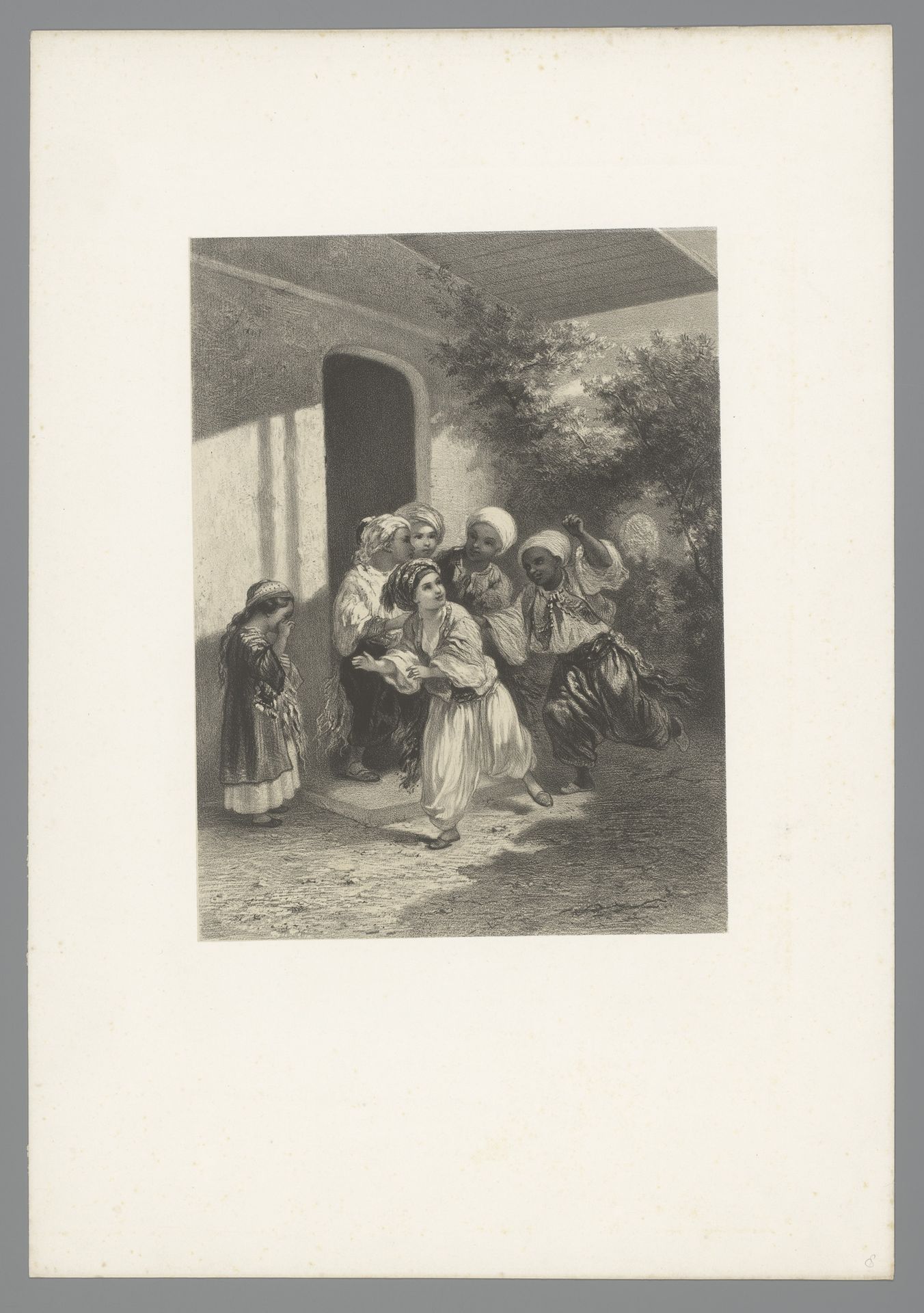 Kinderen met tulbanden spelen tikkertje by Adolphe Mouilleron