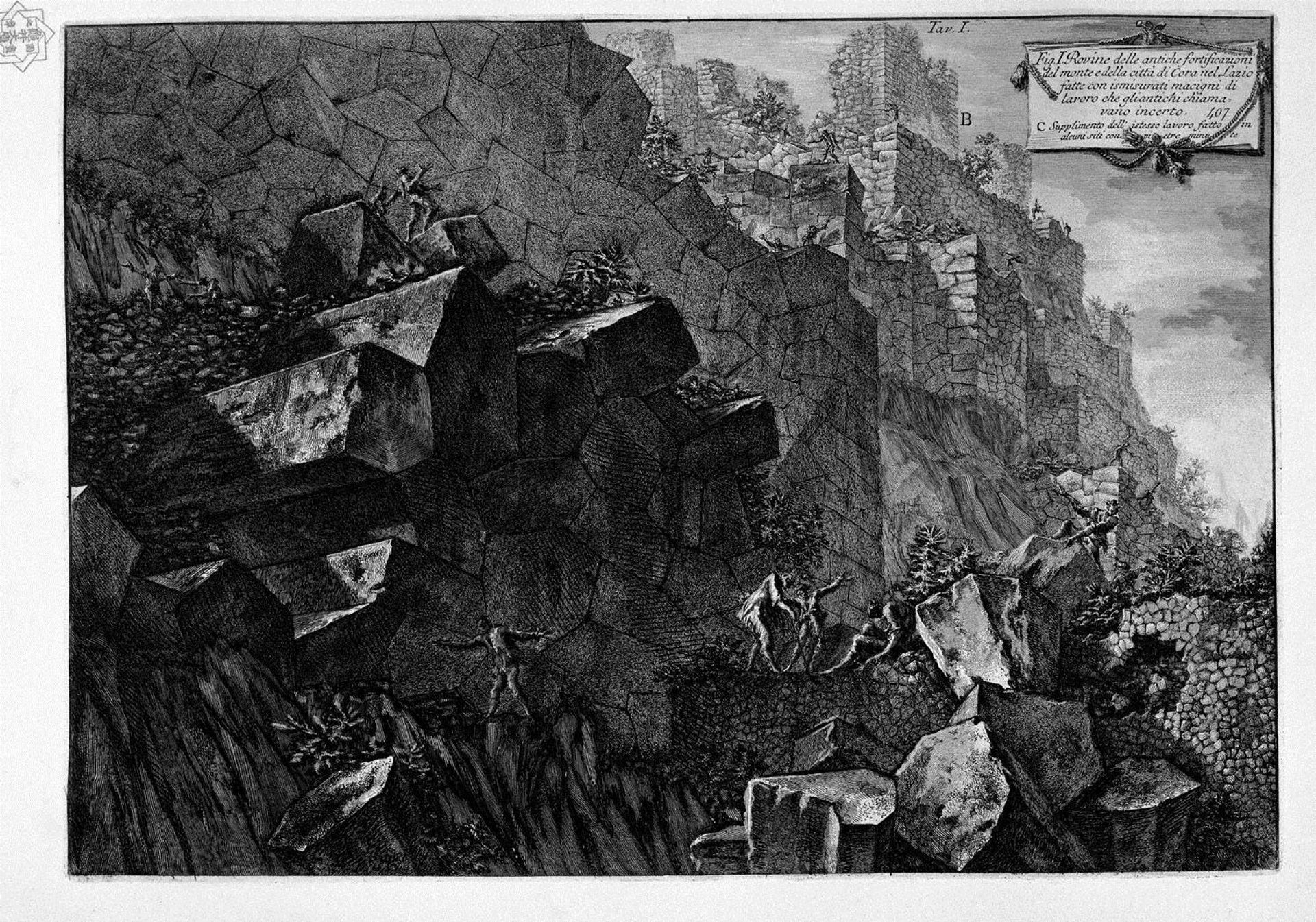 Frontispiece. A group of fragments and decorative marble plaque on the largest of which is engraved: Antiques Cora described. by Giovanni Battista Piranesi