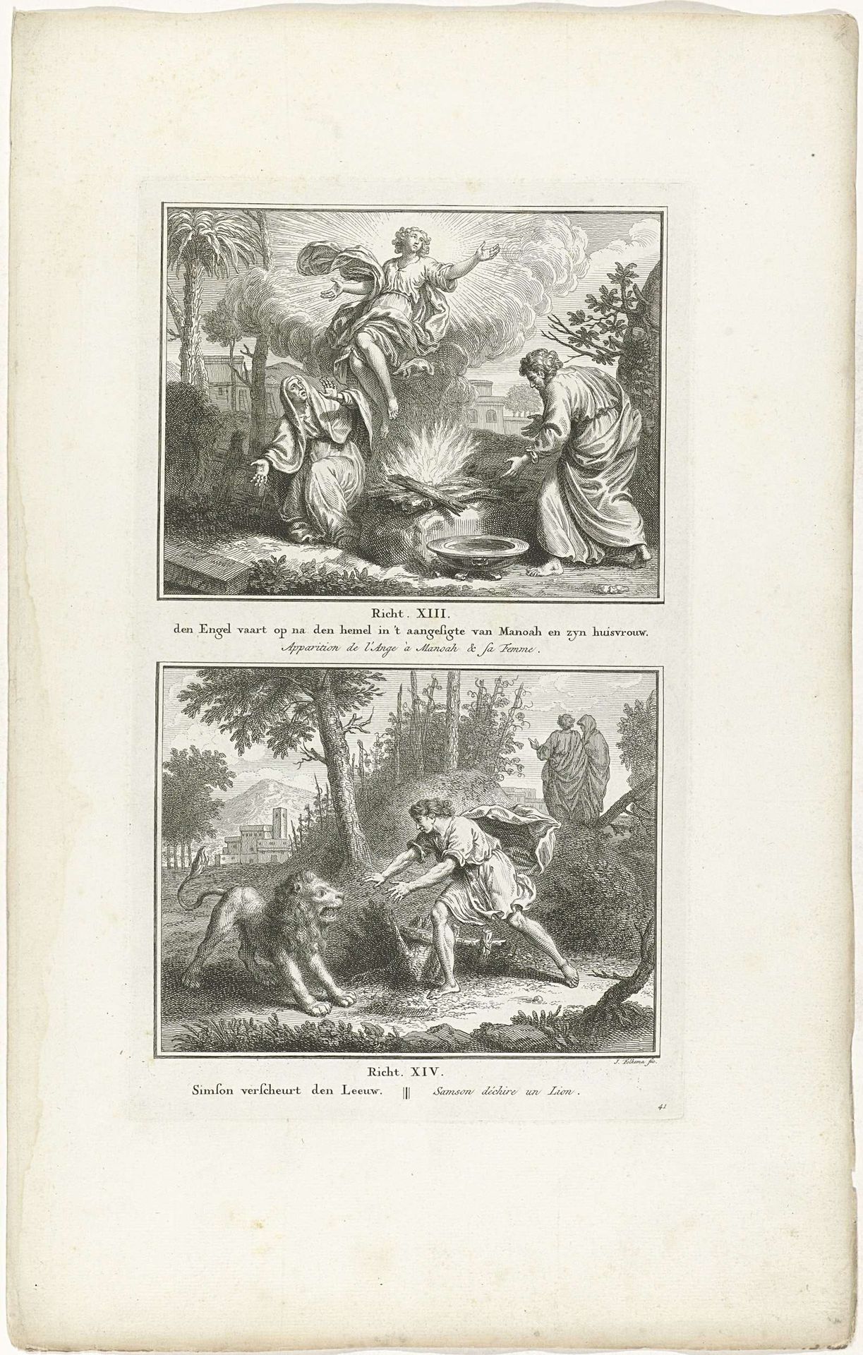 Offer van Manoach en Simson doodt de leeuw by Jacob Folkema