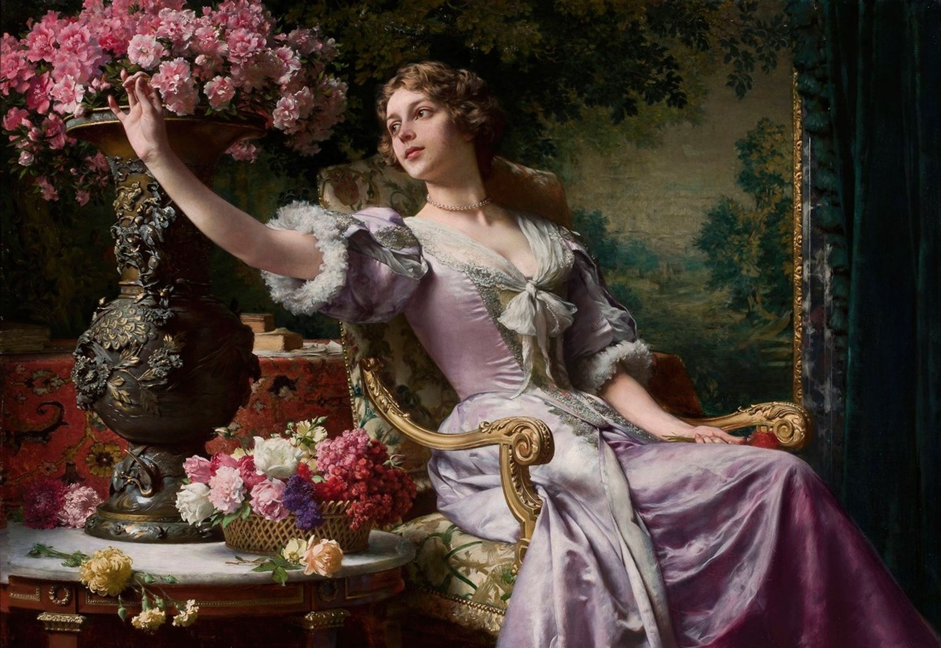 a lady in a lilac dress with flowers A Lady In A Lilac Dress With Flowers, Cz, Painting by Gennadiy Protsko