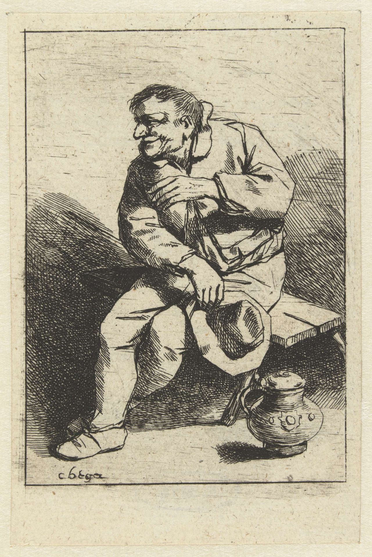 Zittende man met hoed in hand, kruik op de grond by Cornelis Bega