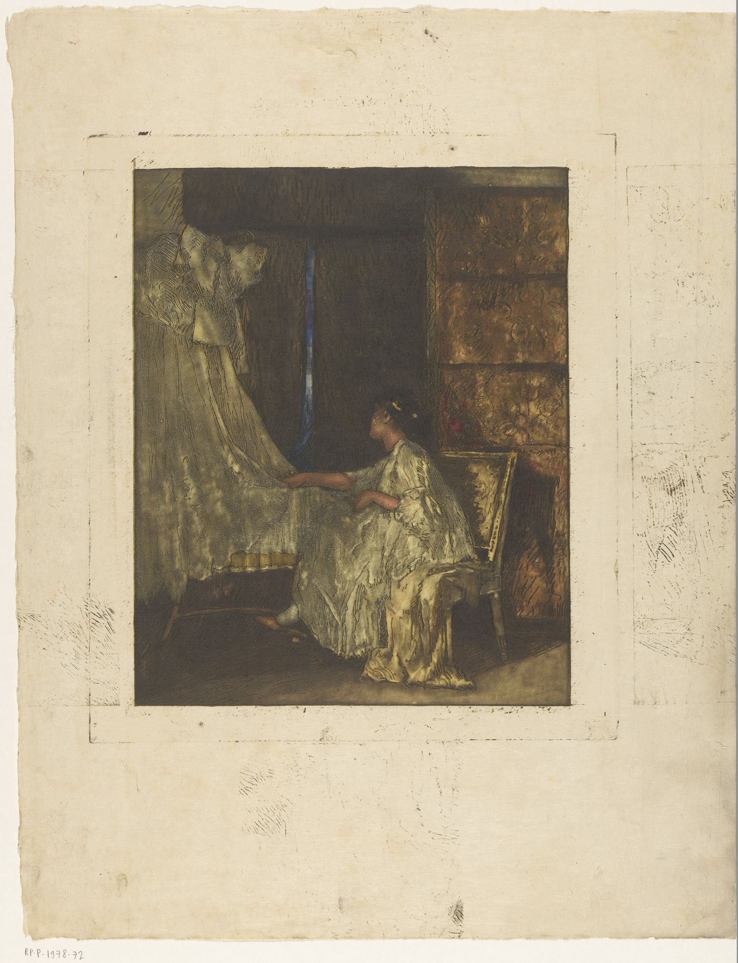 Vrouw die op een stoel naast een wieg zit by Albert Roelofs