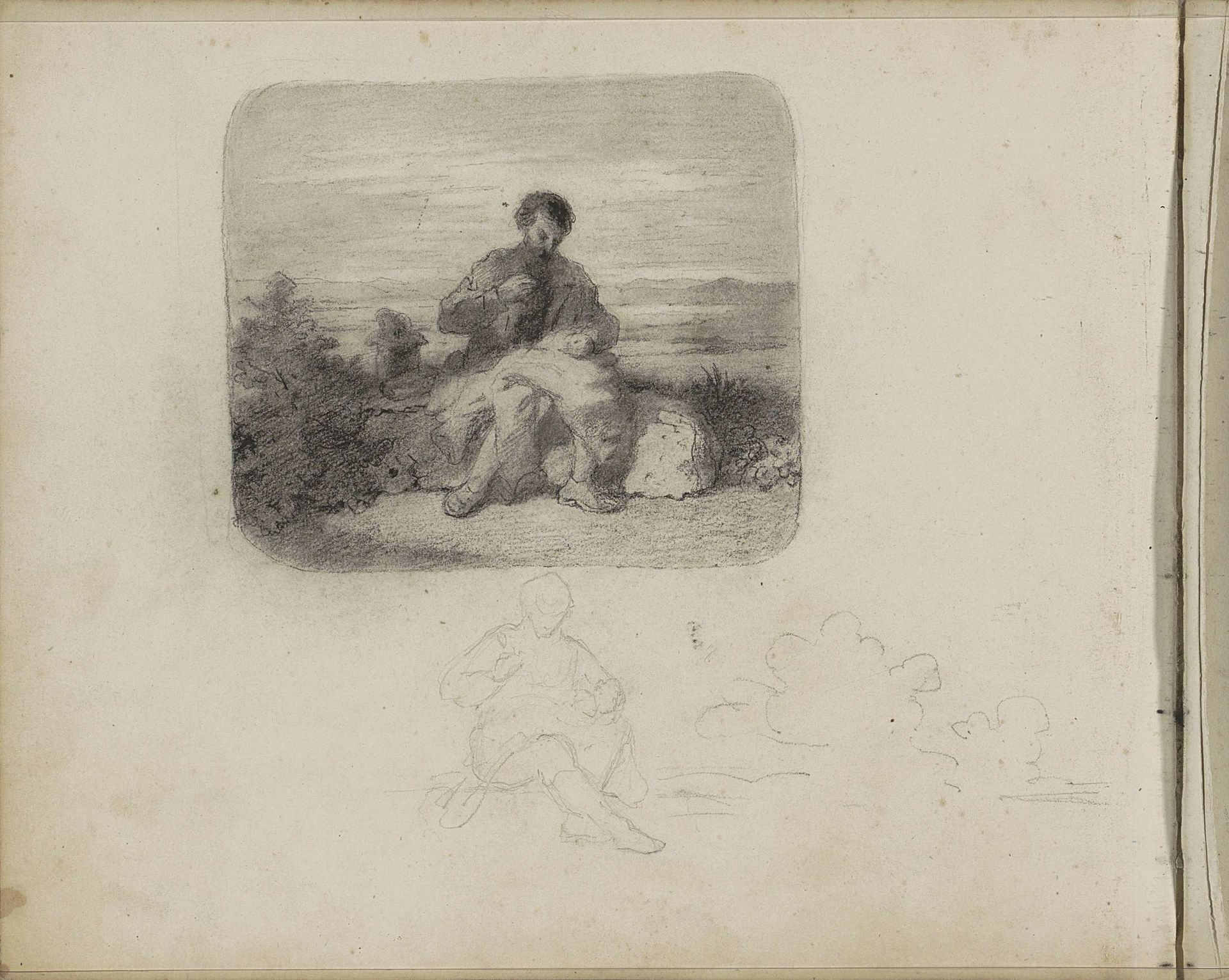 Man met lap stof zittend in een landschap by Gerrit Postma