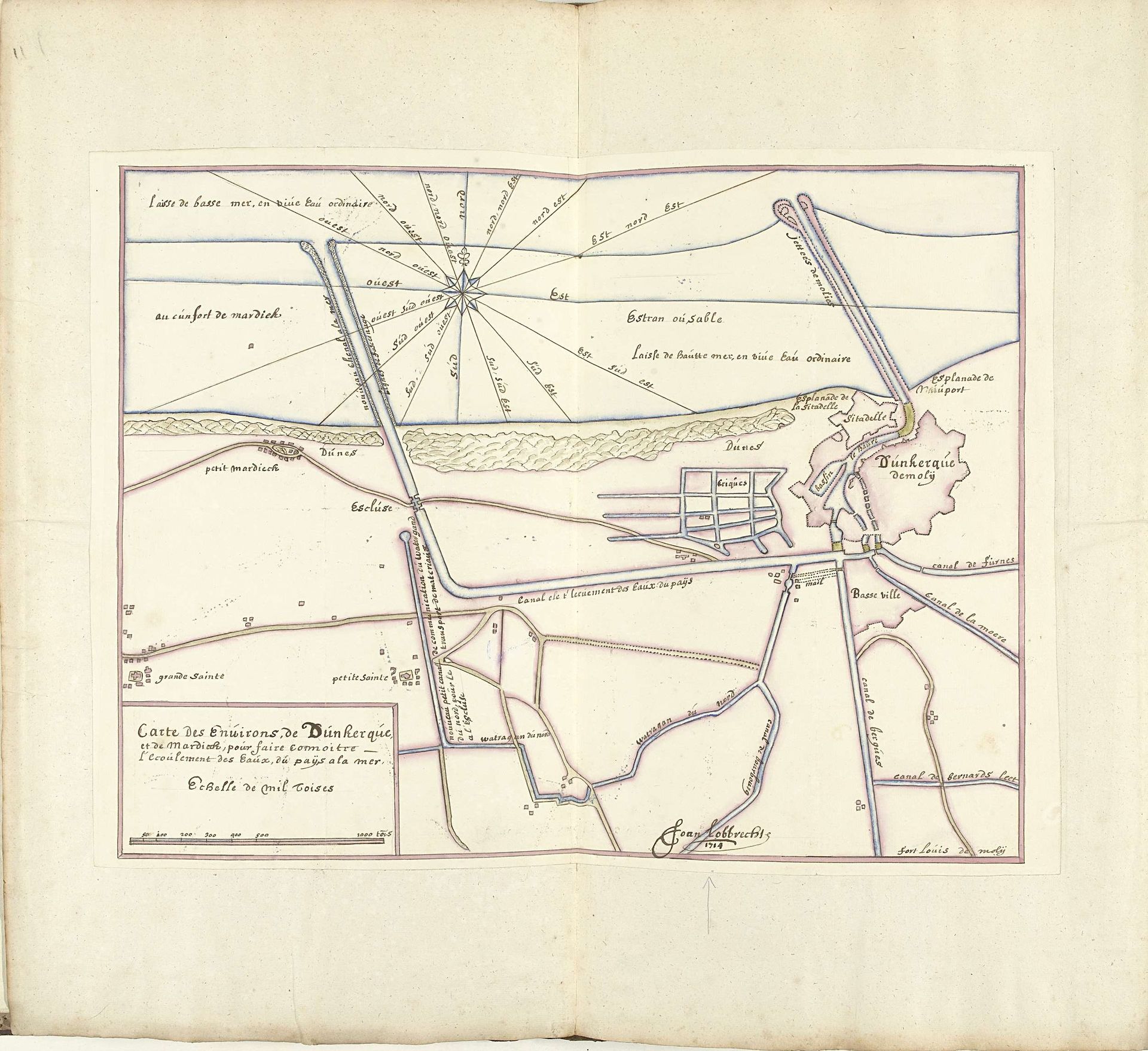 Plattegrond van de waterhuishouding in het gebied tussen Fort Mardijk en Duinkerke, 1714 by Joan Lobbrechts