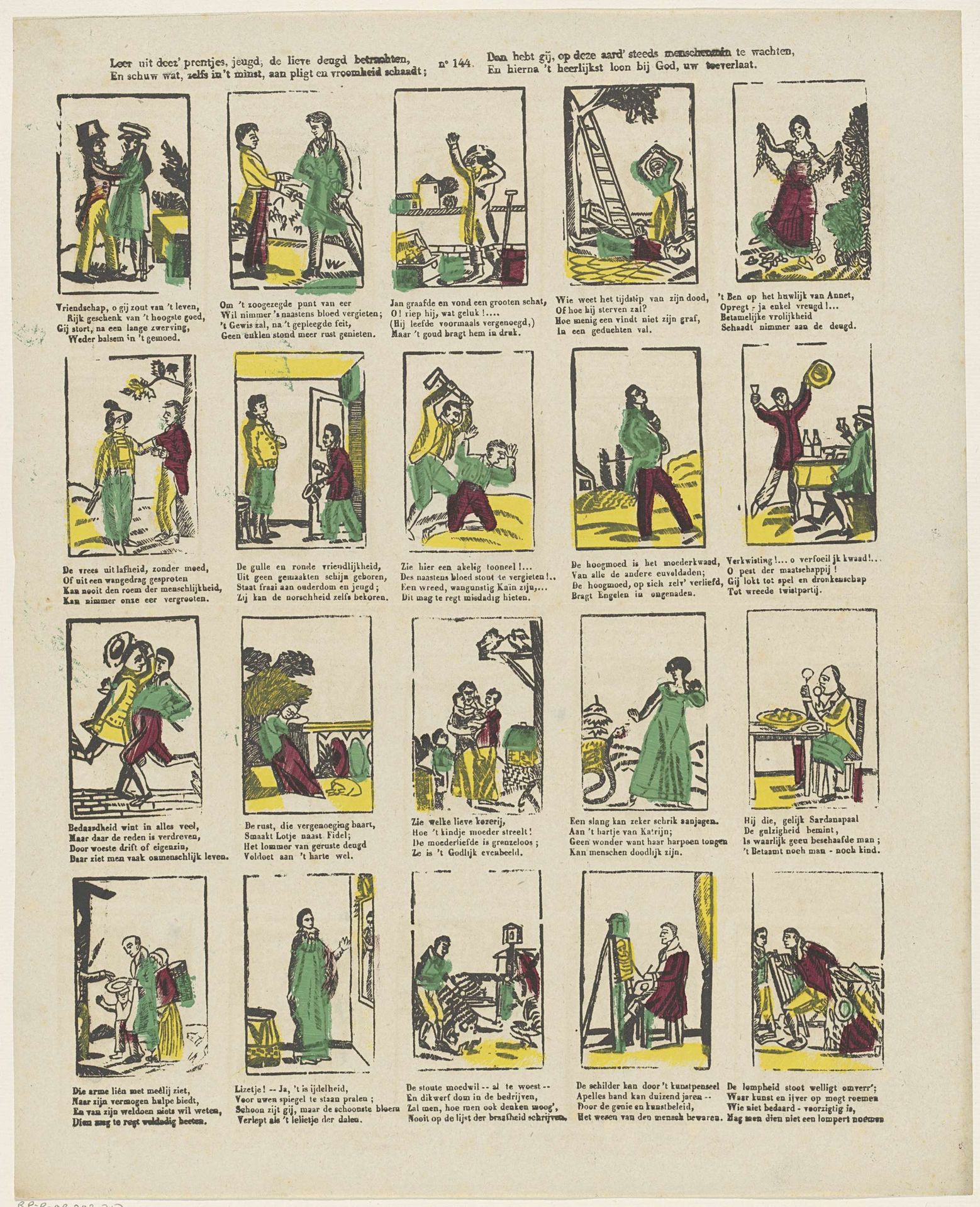 Leer uit deez' prentjes, jeugd, de lieve deugd betrachten, / En schuw wat, zelfs in 't minst, aen pligt en vroomheid schaedt; / Dan hebt gy, op deze aerd' steeds menschenmin te wachten, / En hierna 't heerlykst loon by God, uw toeverlaet by Glenisson & Zonen