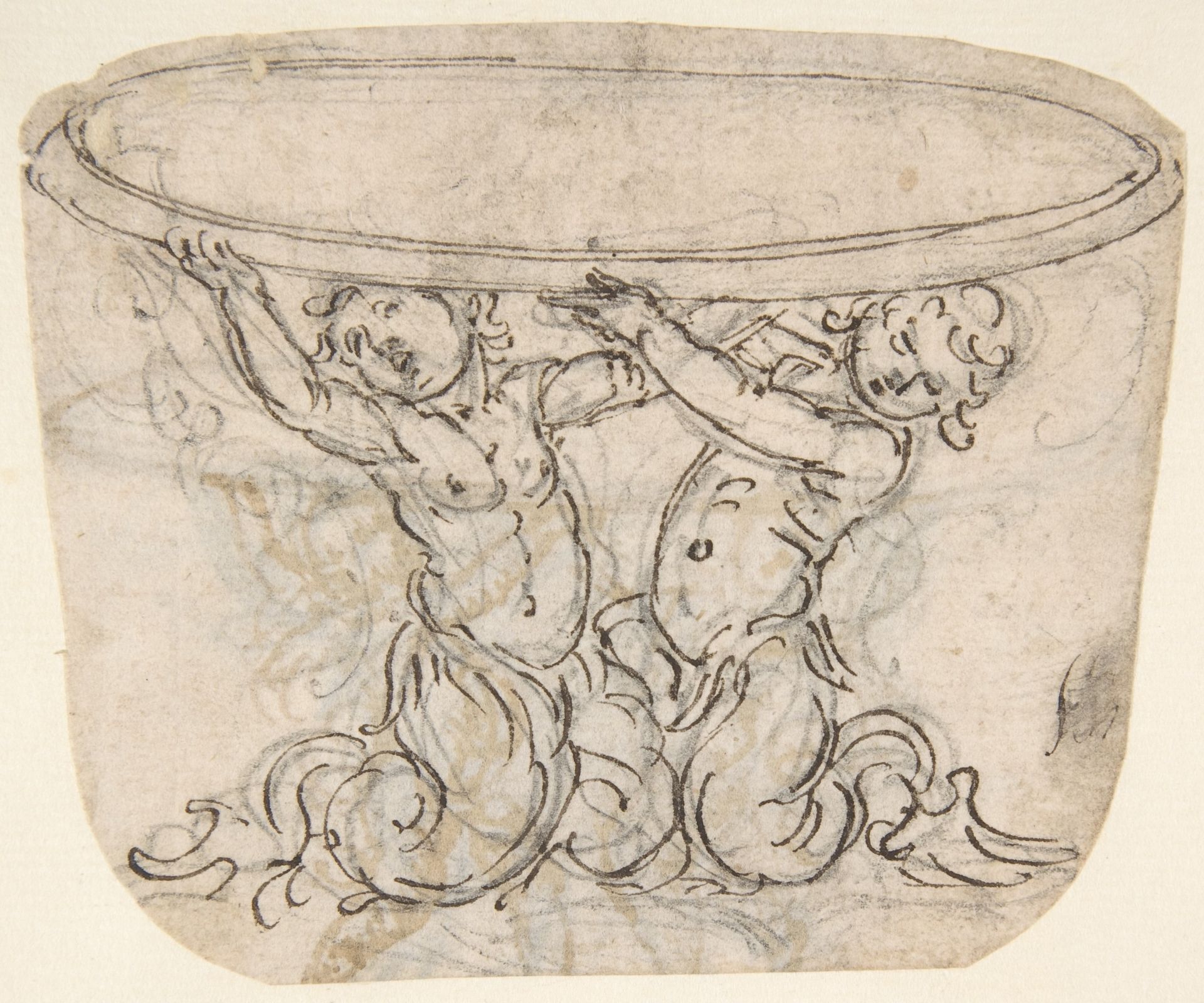 Table or Basin Supported by Male Sirens (recto); Sketch for the Same Subject (verso) . by Giovanni Battista Foggini