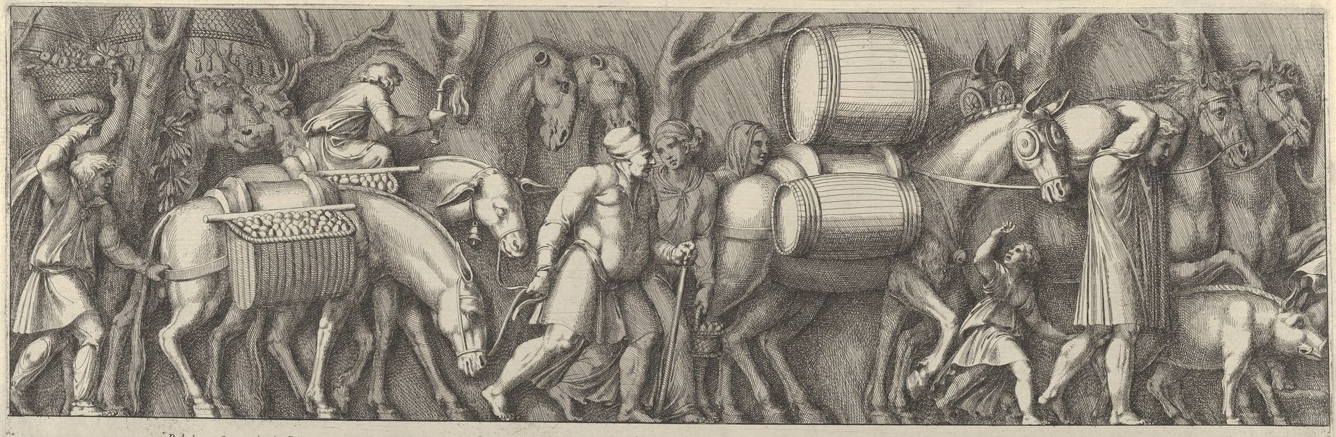 Plate 4: animals transporting goods being led by figures going to the right by Pietro Santi Bartoli