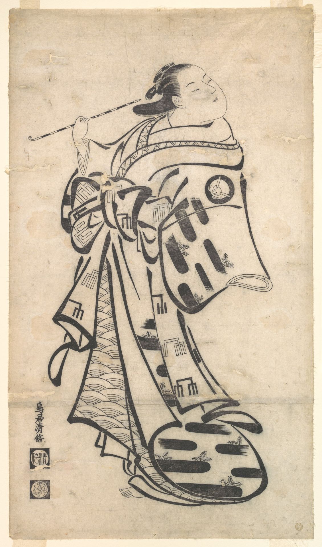 An Oiran Standing, a Pipe in Her right Hand, and Turning to Look Behind over Her Shoulder by Torii Kiyomasu I