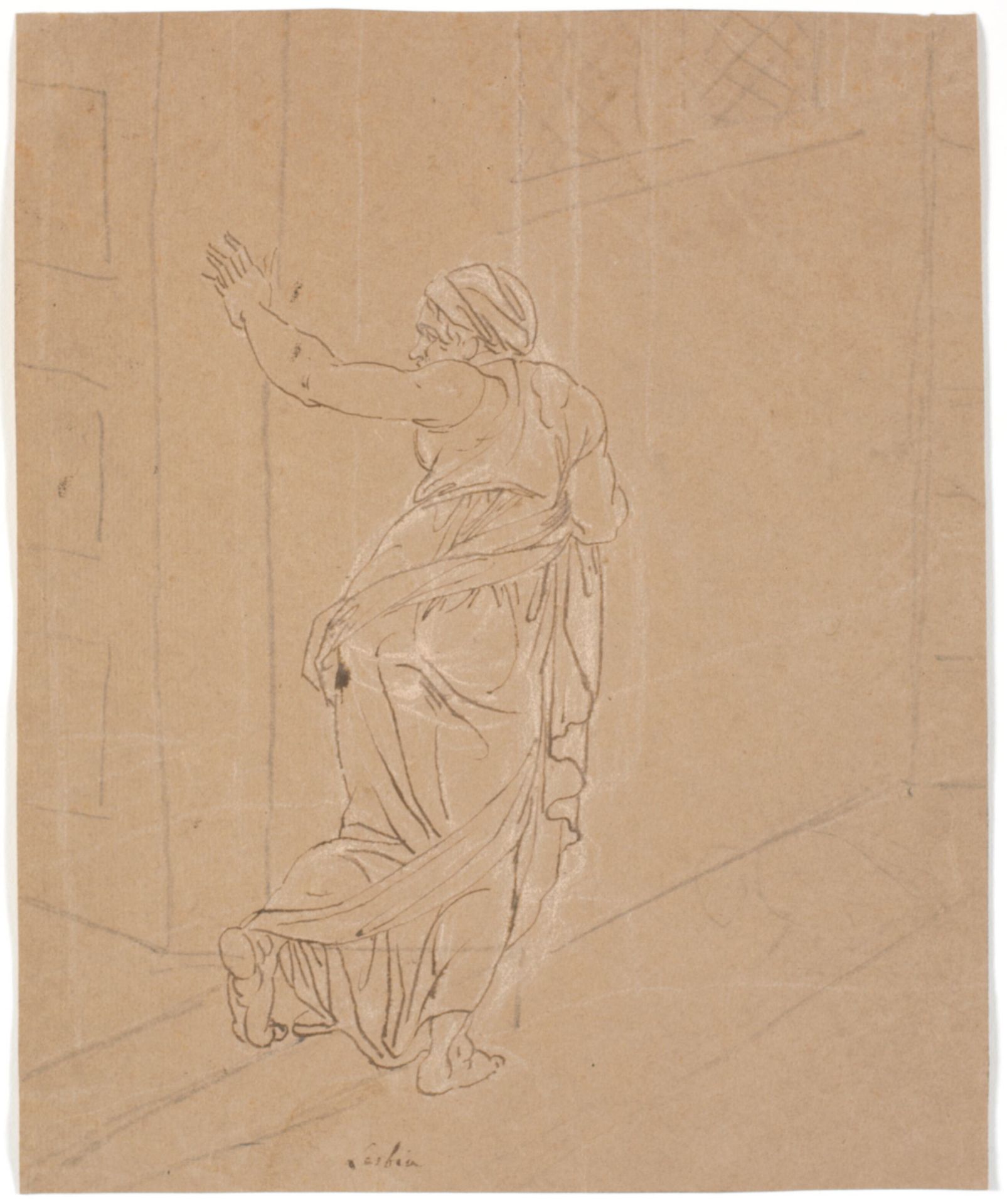 Jordemoderen. Studie til Pigen fra Andros. [Jordemoderen forlader Androspigens hus] by Nicolai Abildgaard