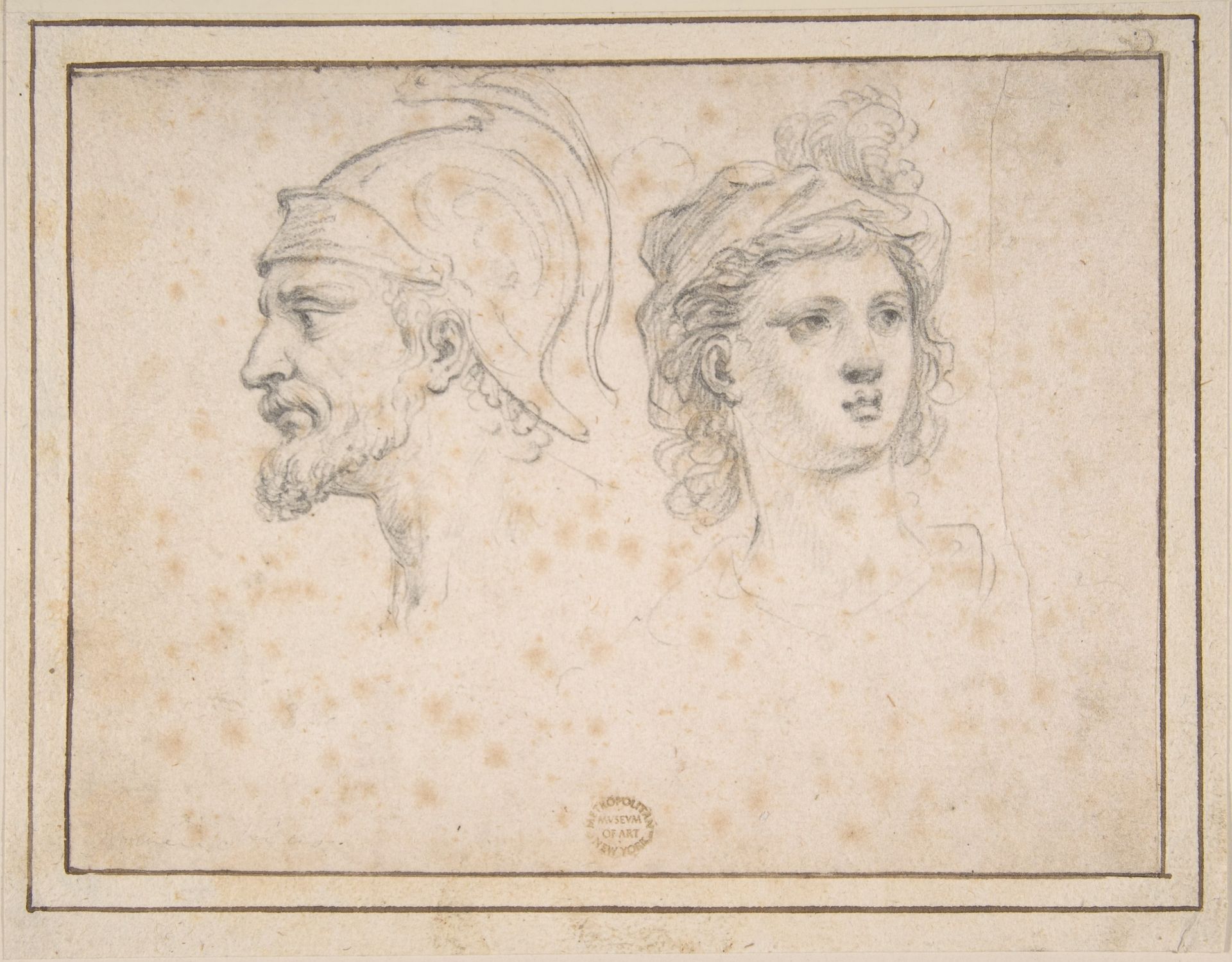 Head of a Bearded Soldier in Profile, Head of a Young Woman in Three-Quarter View by Anonymous