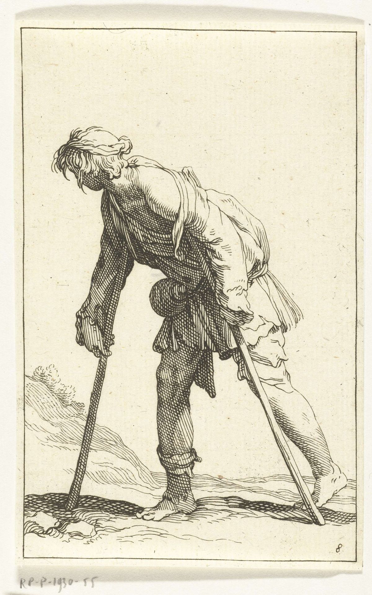 Bedelaar lopend op krukken by Frederick Bloemaert