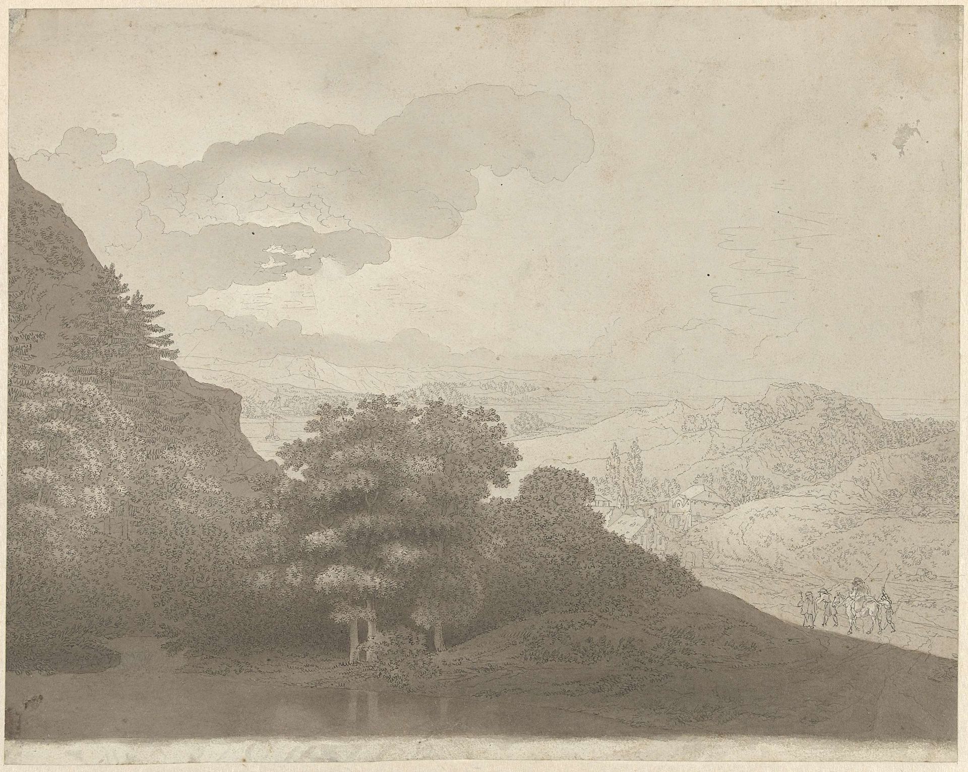 Landschap met begroeide heuvels en trekkende reizigers by Franz Edmund Weirotter