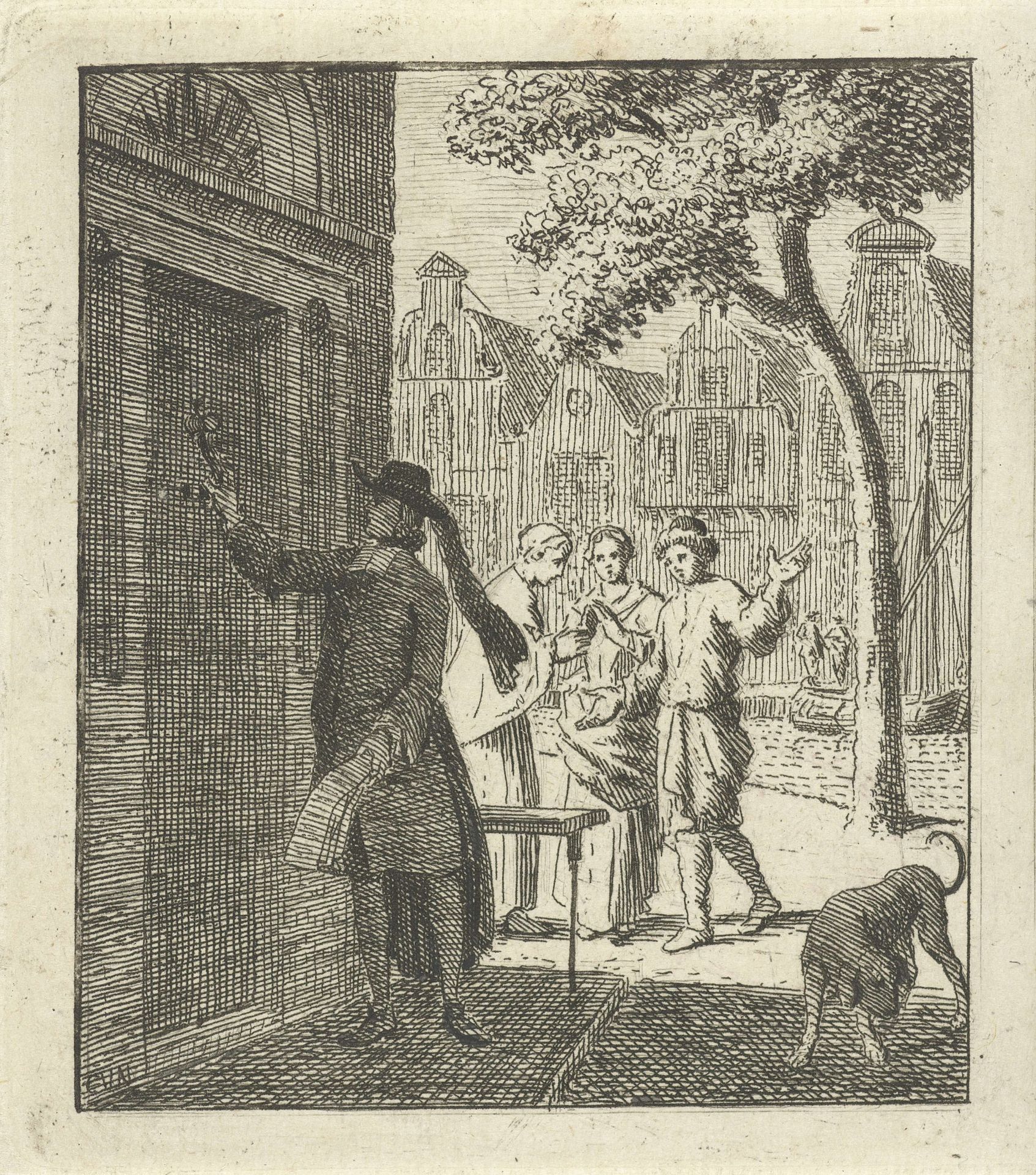 Man die aan een deur klopt by Cornelis van Noorde
