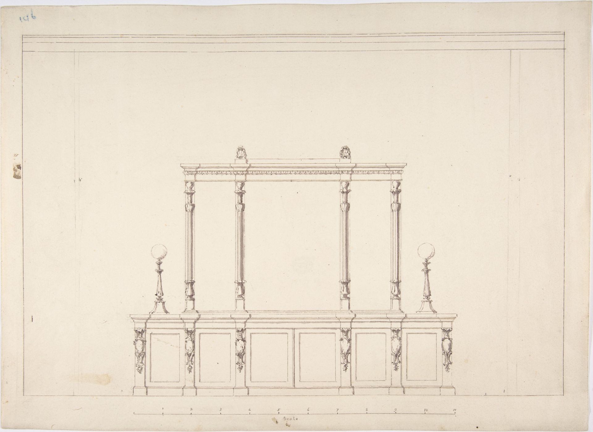 Design for a Cabinet with Renaissance Ornament and Lamps by Anonymous