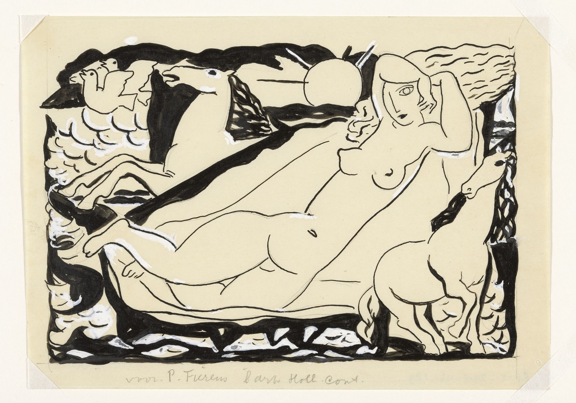 Venus Vignet voor boek 'L'art Hollandais contemporain' van Paul Fierens; liggend naakt met daarbij afgebeeld twee paarden en twee duiven by Leo Gestel