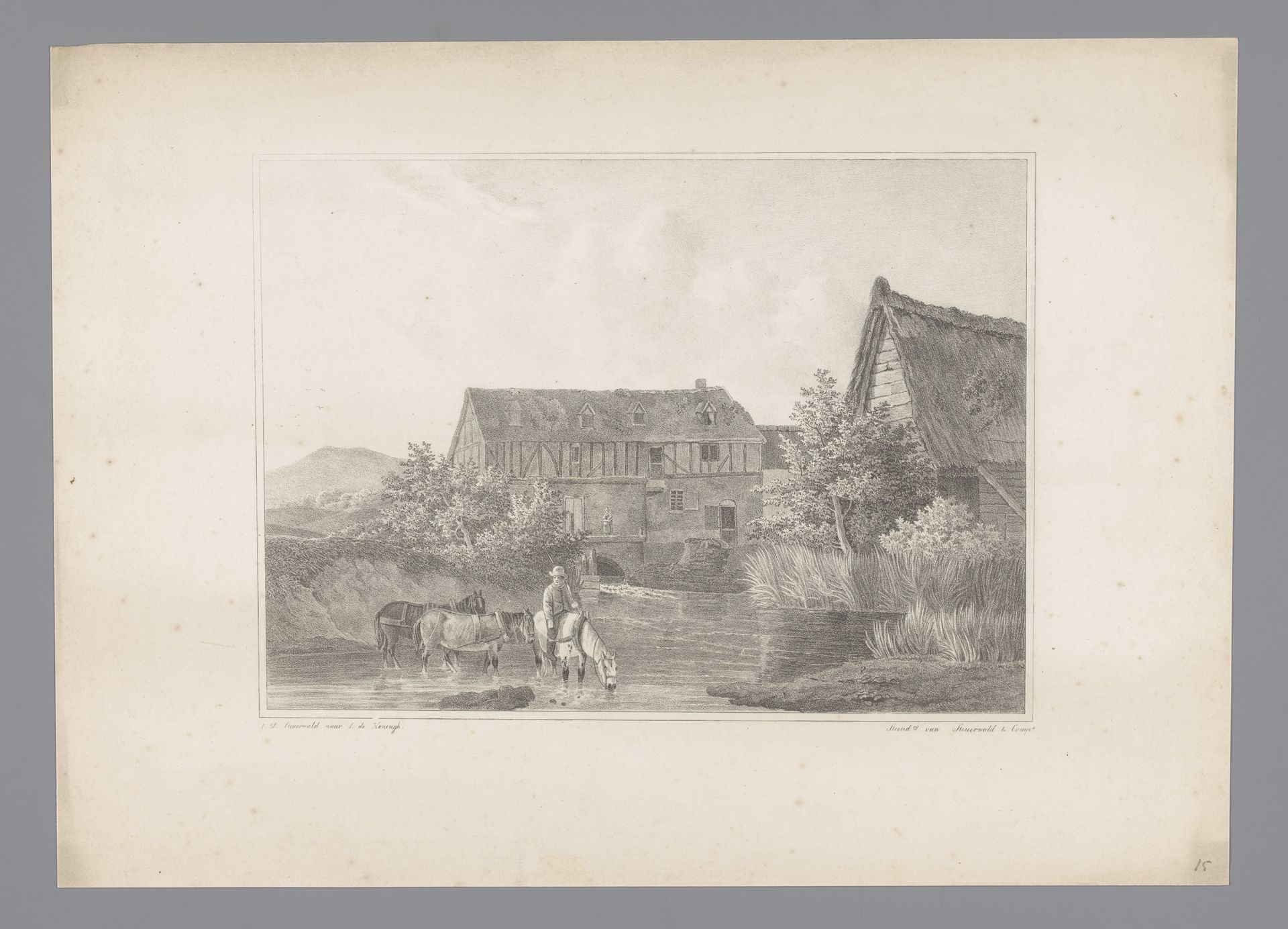 Man met paarden bij huizen aan het water by Jan Dam Steuerwald
