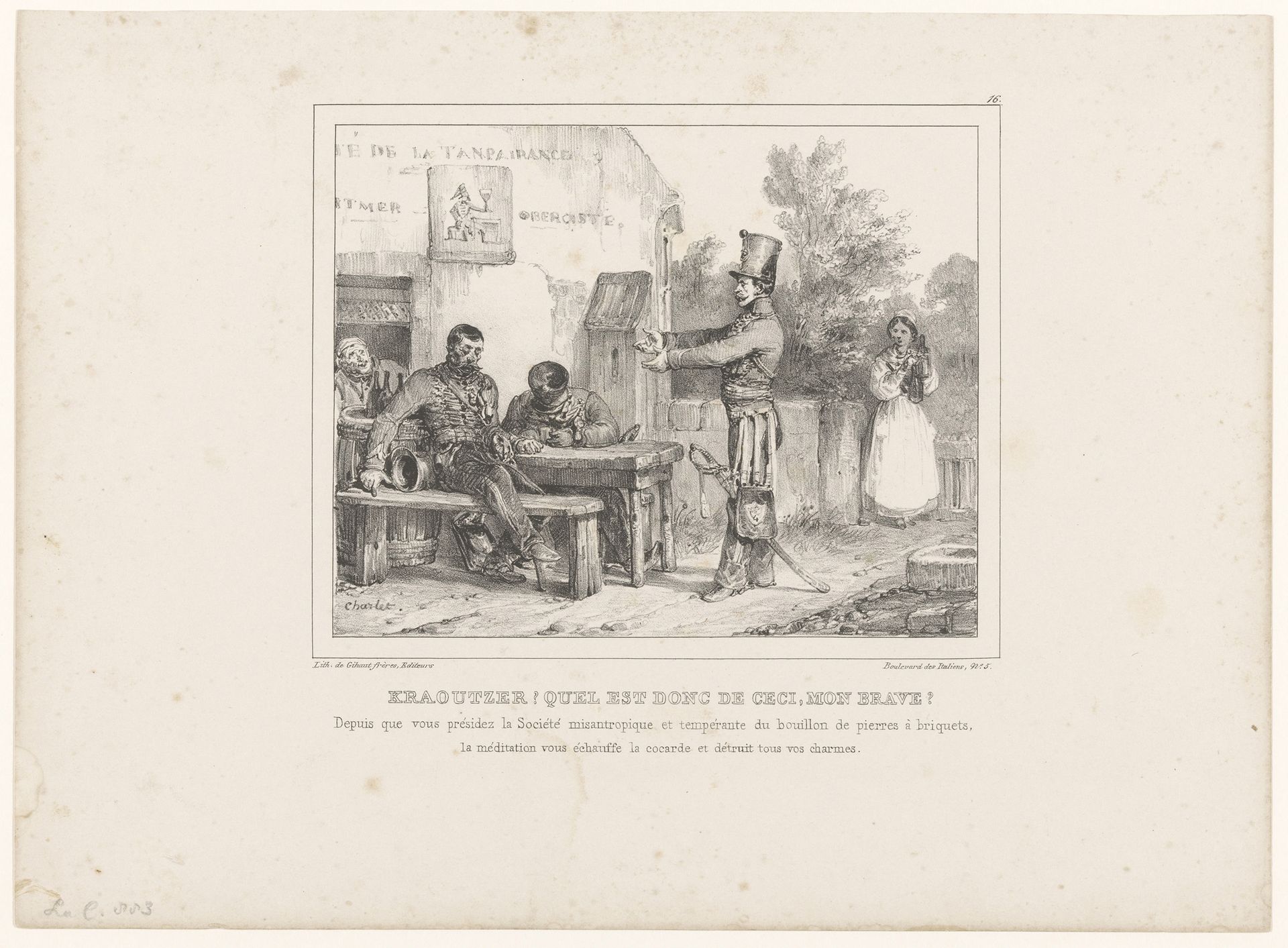 Soldaat spreekt een dronken kameraad aan bij een kroeg by Nicolas Toussaint Charlet