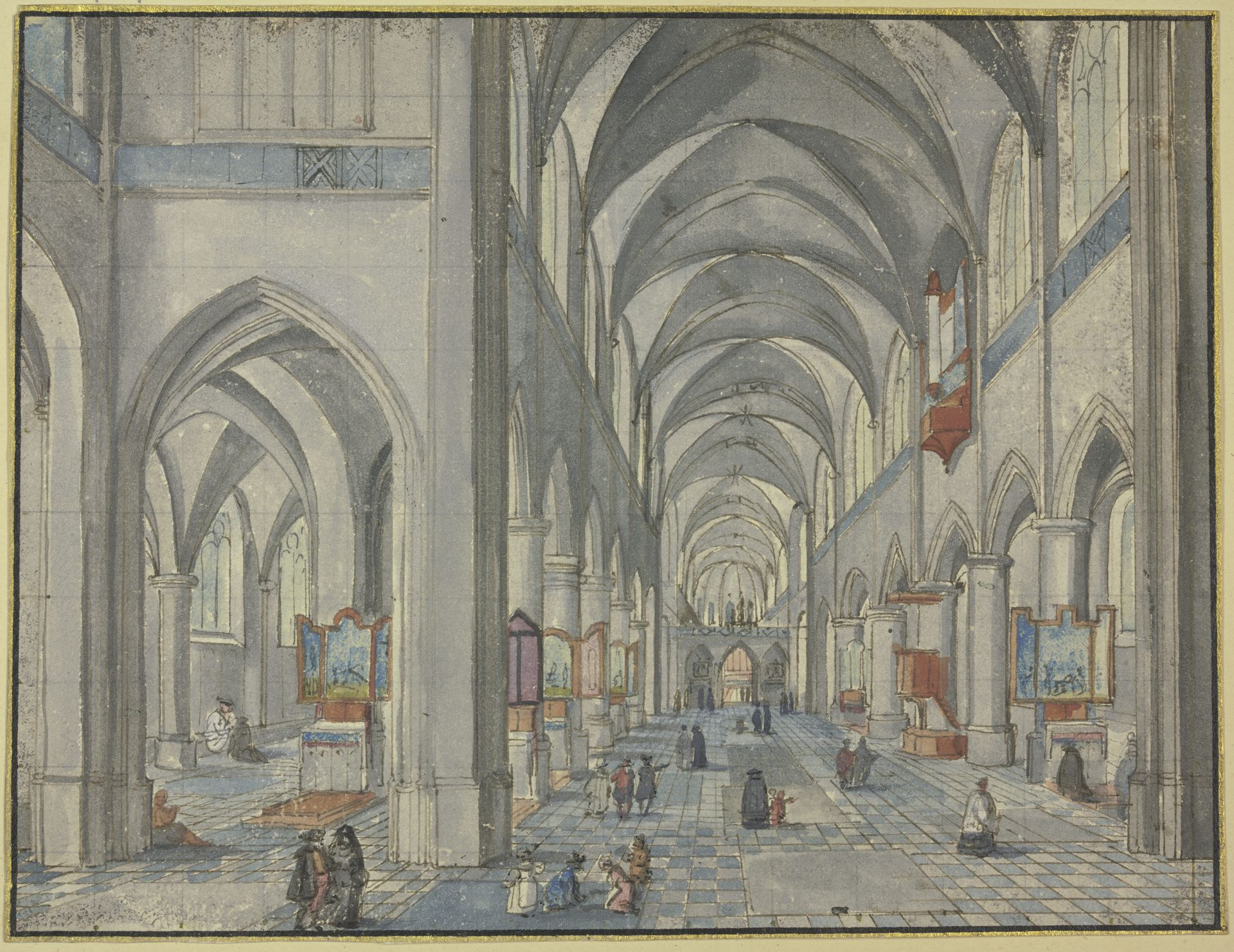 Inneres einer gotischen Kirche mit vielen Figuren by Hendrick van Steenwyck the Younger