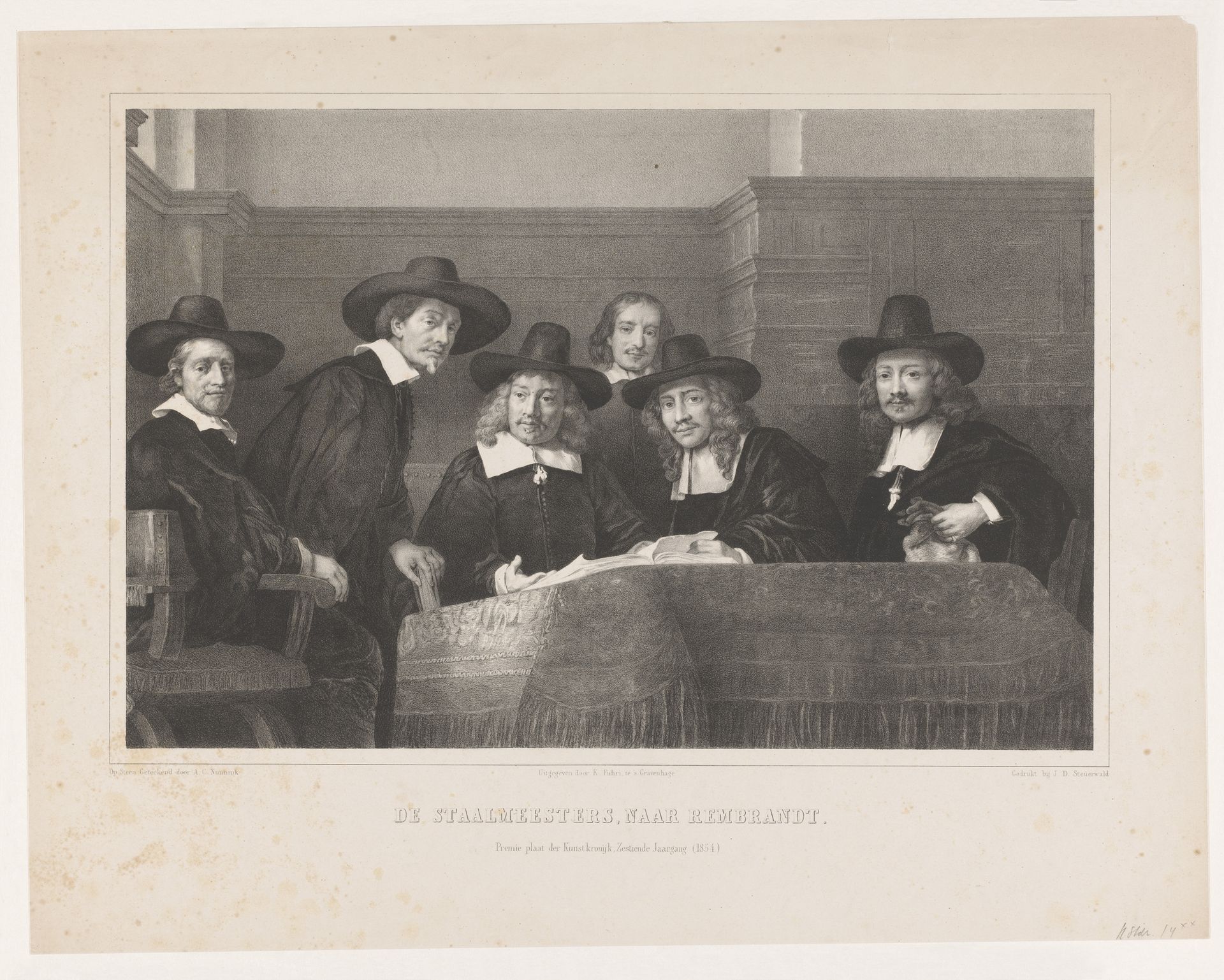 De Staalmeesters: het college van staalmeesters (waardijns) van het Amsterdamse lakenbereidersgilde by Adolf Carel Nunnink