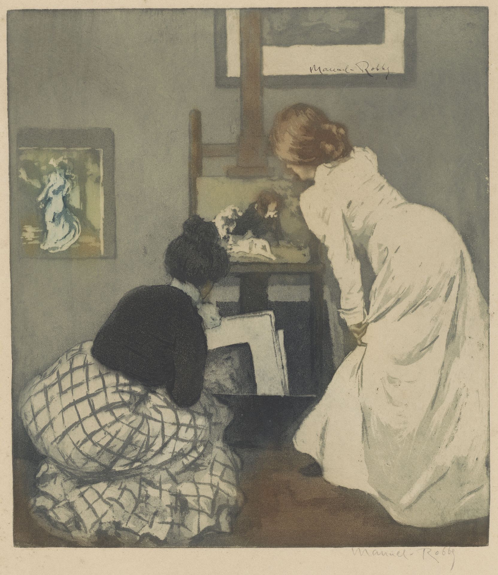 Two Women looking at Prints by Manuel Robbe