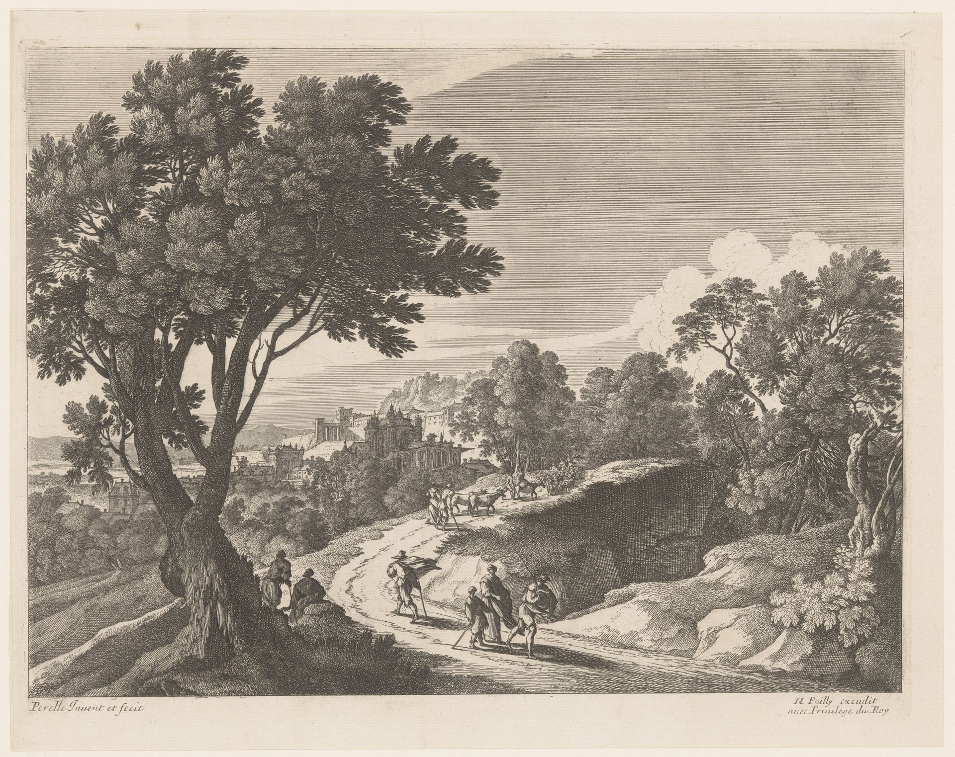Landweg buiten een stad met figuren en vee by Nicolas Perelle