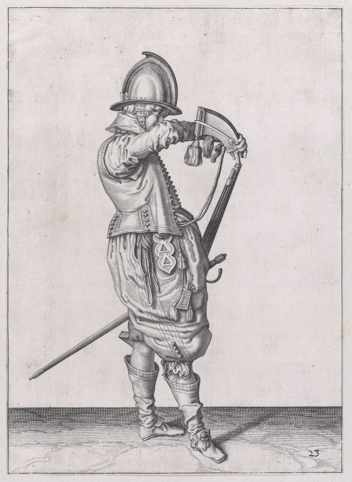 A soldier charging his caliver which is held stock down, from the Marksmen series, plate 23, in Waffenhandlung von den Rören Musquetten undt Spiessen / Wapenhandelinghe van Roers Musquetten ende Spiessen (The Exercise of Arms) by Jacques de Gheyn II