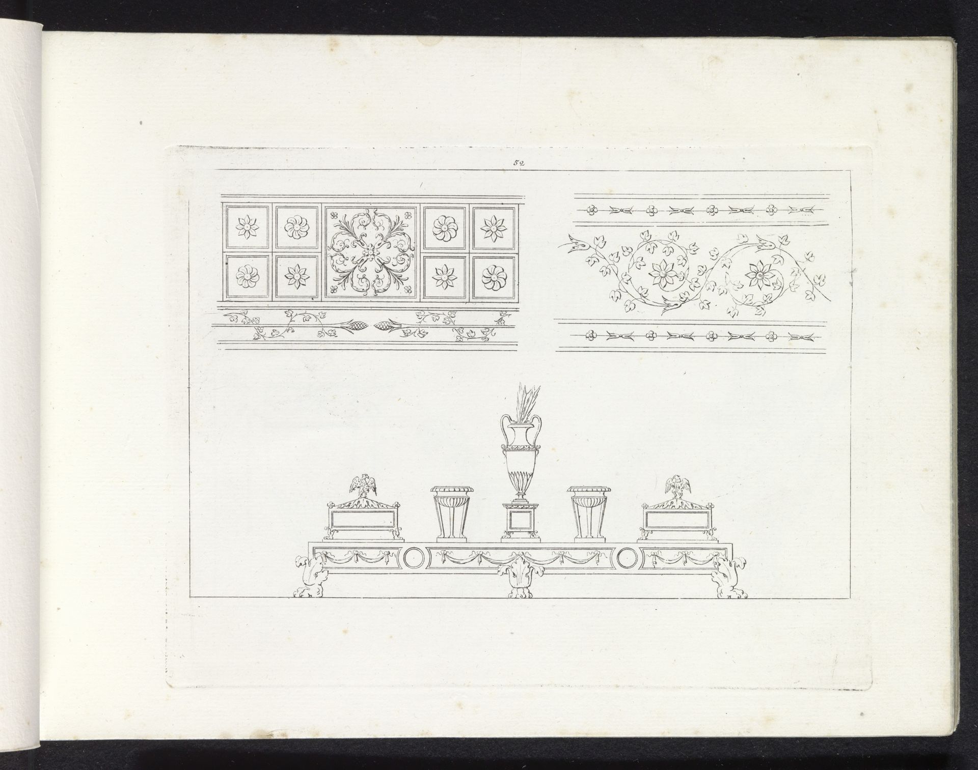 Twee ornamentele randen en een tafel met vazen en urnen by Pietro Ruga
