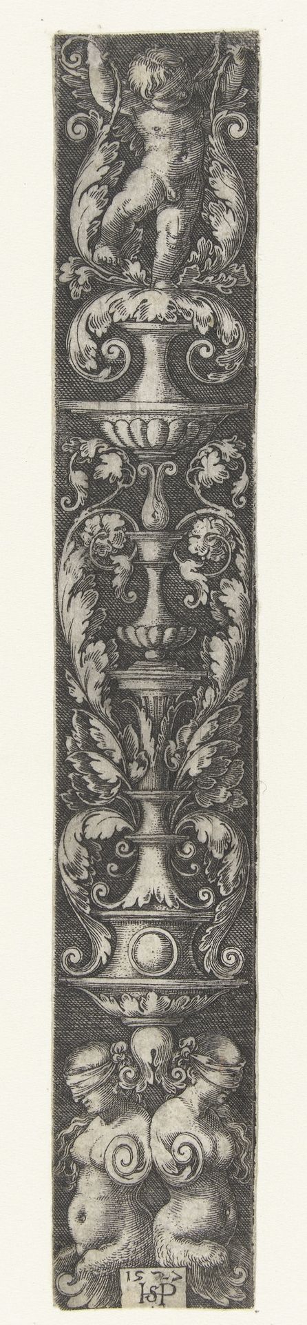 Vlakdecoratie met onderaan twee geblinddoekte vrouwen by Sebald Beham