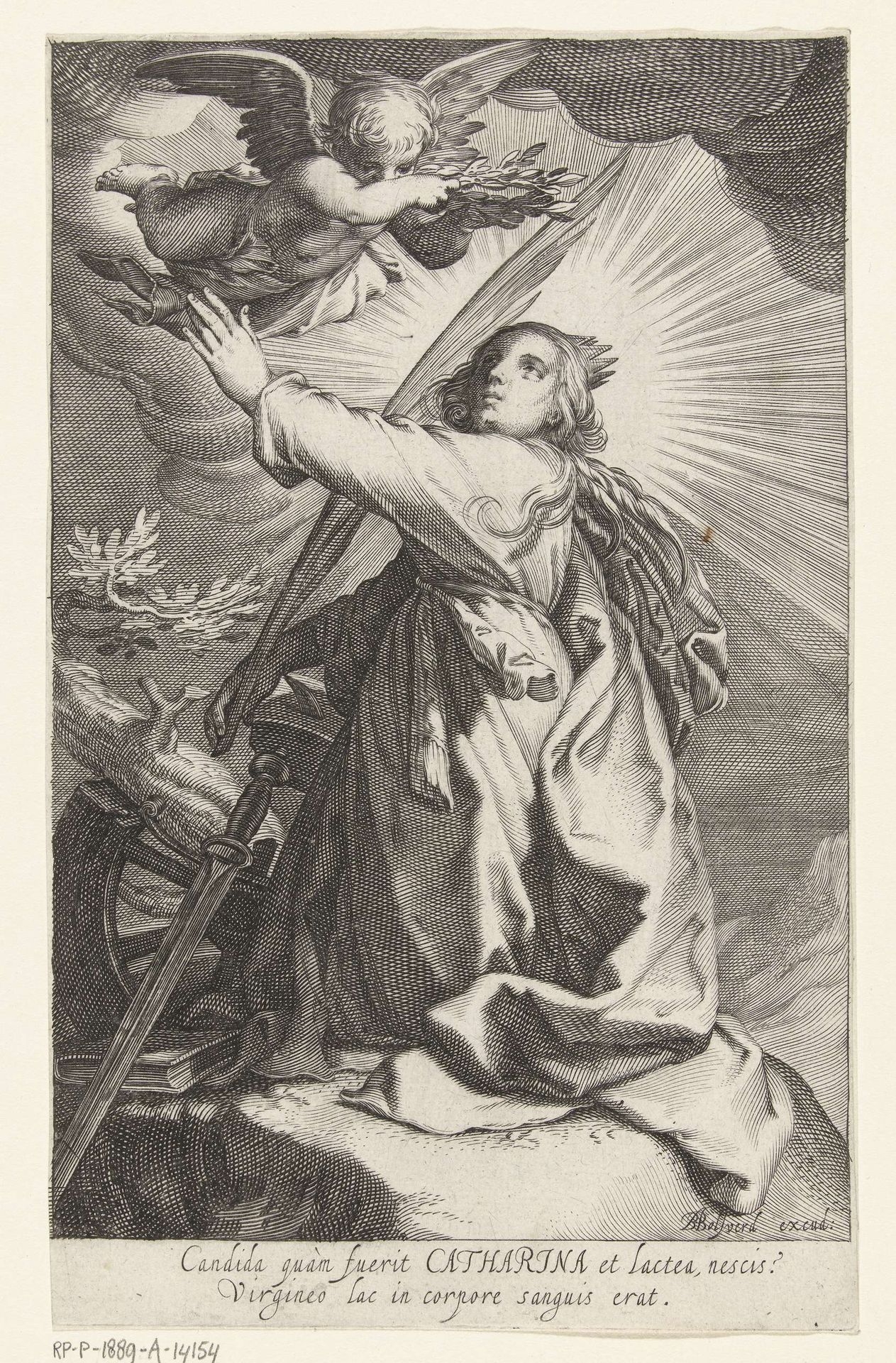 Heilige Catharina van Alexandrië met palmtak, zwaard en gebroken wiel by Boëtius Adamsz. Bolswert