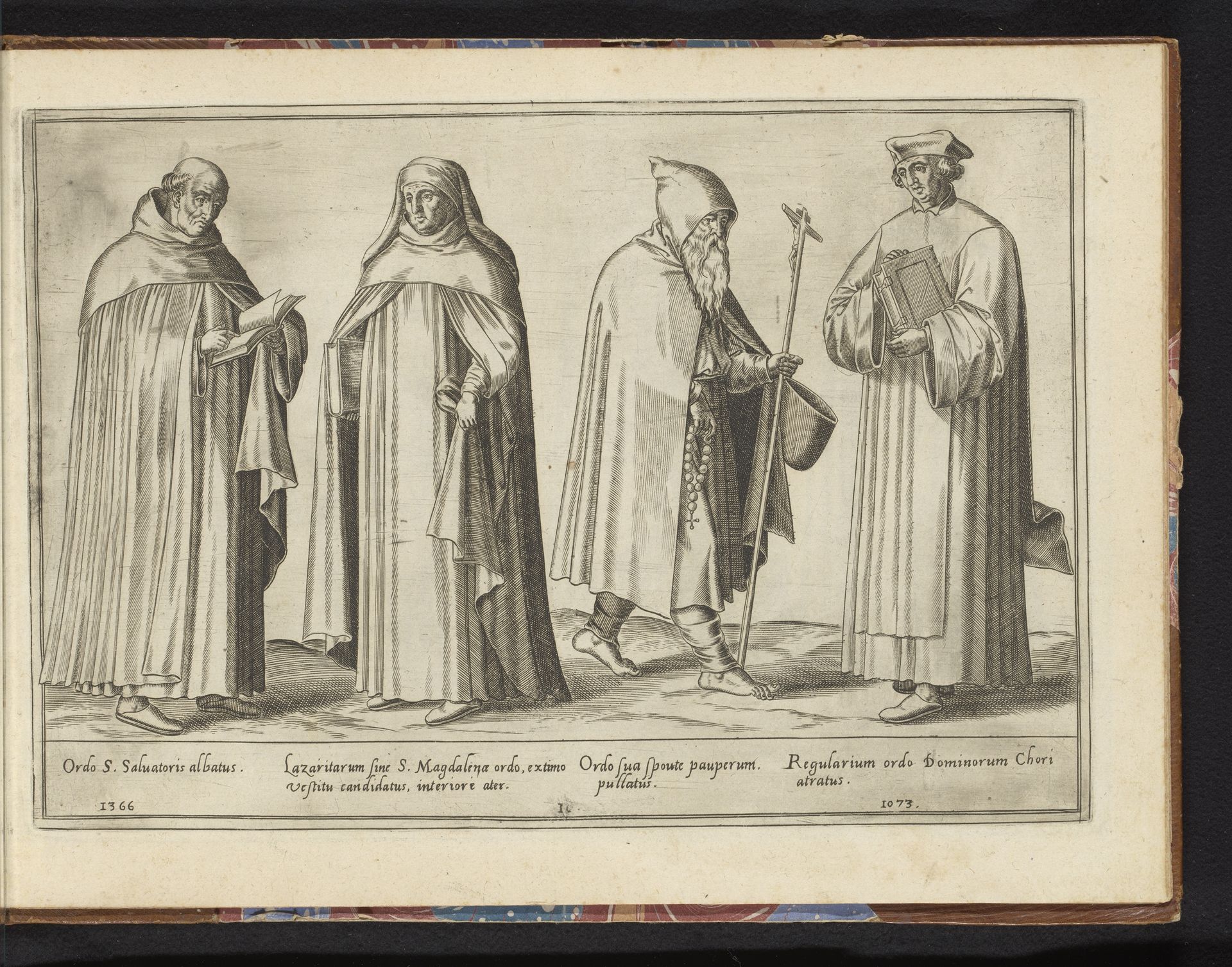 Drie monniken uit verschillende orden en een pelgrim met staf by Abraham de Bruyn