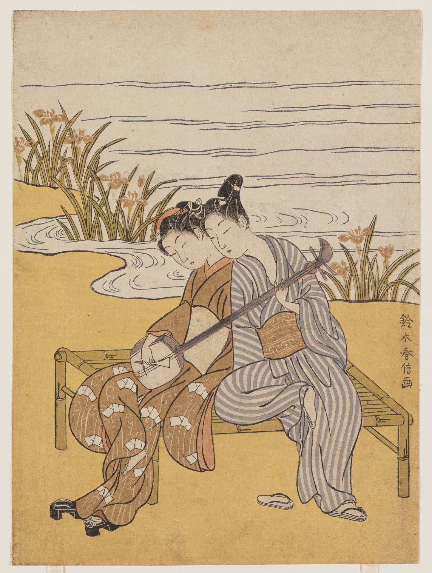 Two Lovers Playing a Single Shamisen by Suzuki Harunobu 鈴木春信
