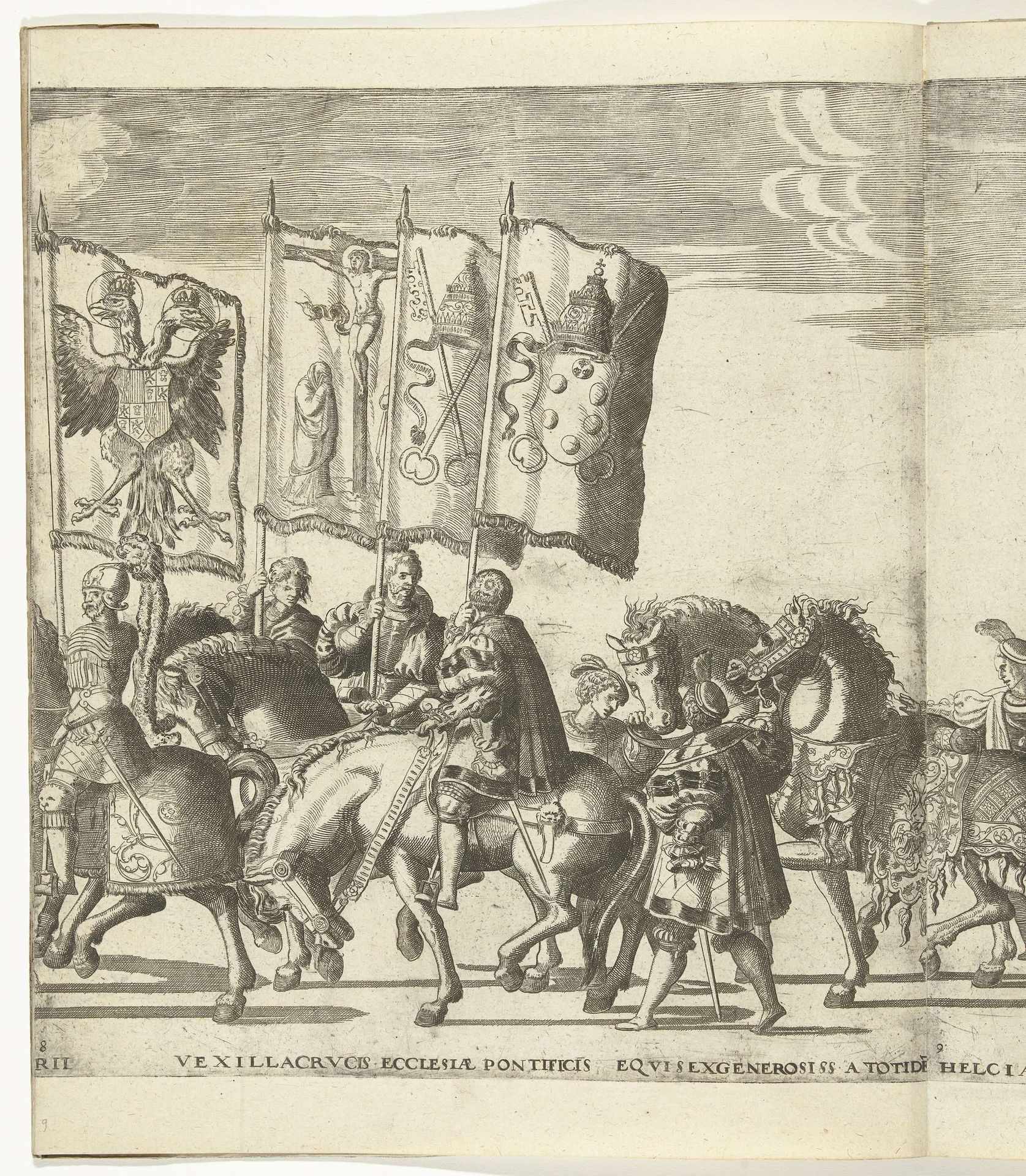 Vaandeldragers met wapens van Habsburg en de paus van Rome, plaat 8 by Nicolaas Hogenberg